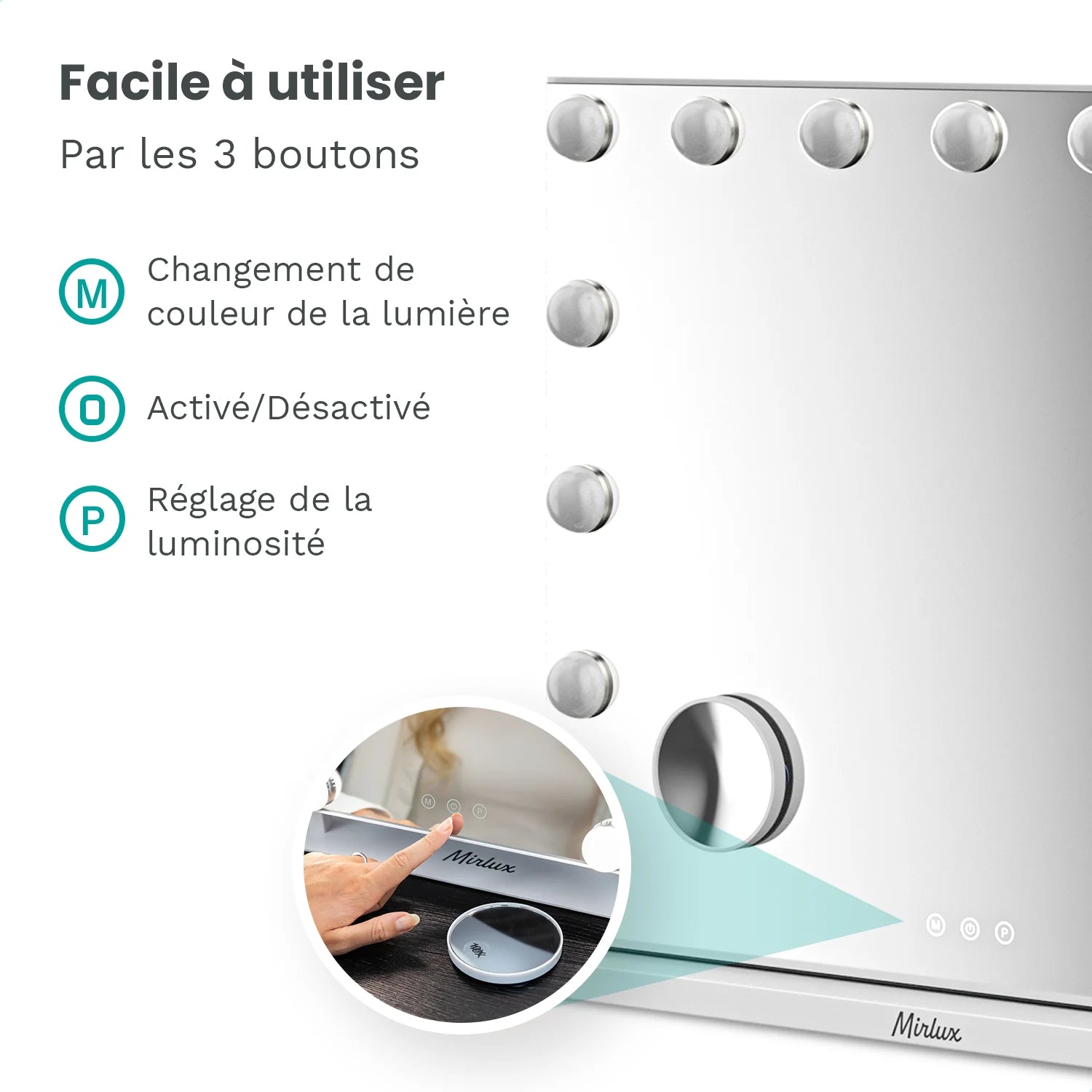 Miroir Hollywood - Enceintes Bluetooth 58x48cm - Blanc