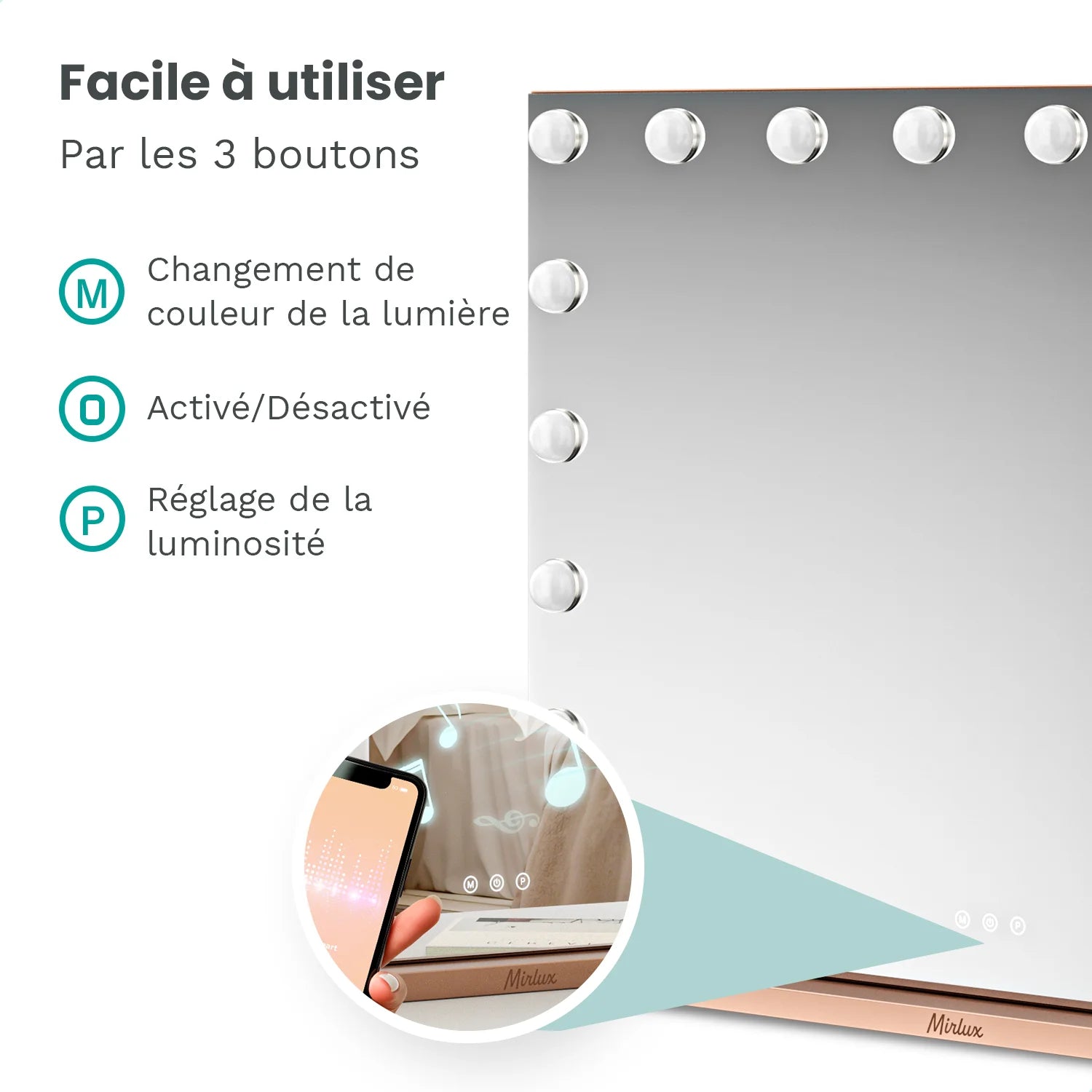 Miroir Hollywood - Enceintes Bluetooth - 80x60cm - Or Rose