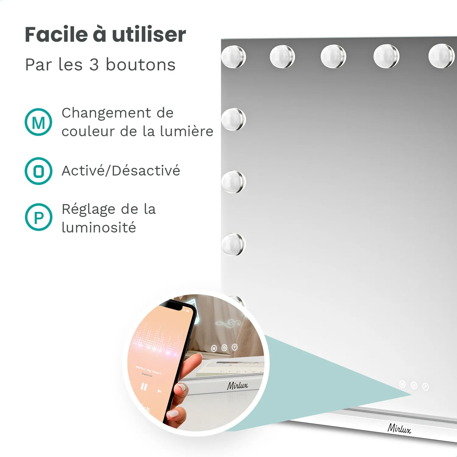 Miroir Hollywood - Enceintes Bluetooth - 80x60cm - Blanc