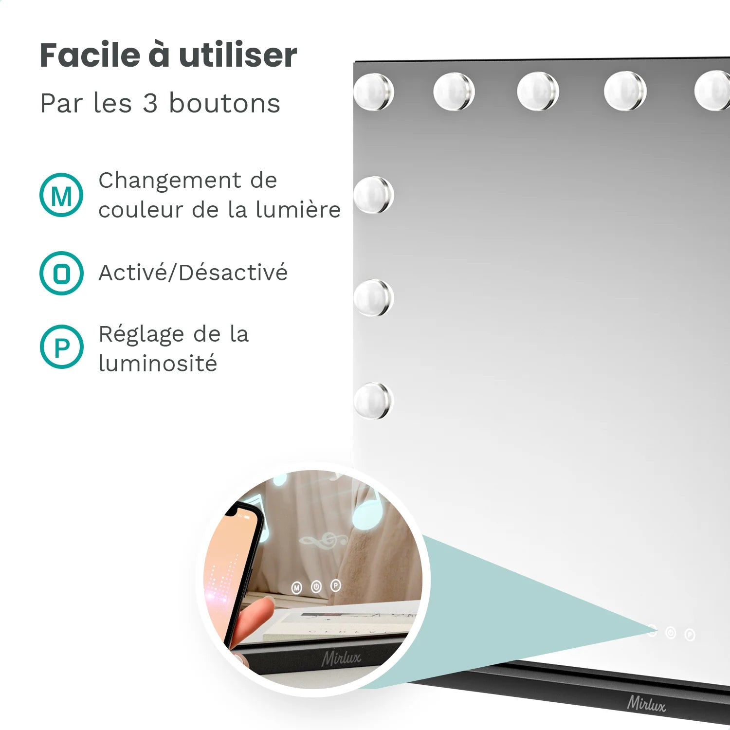 Miroir Hollywood - Enceintes Bluetooth - 80x60cm - Noir