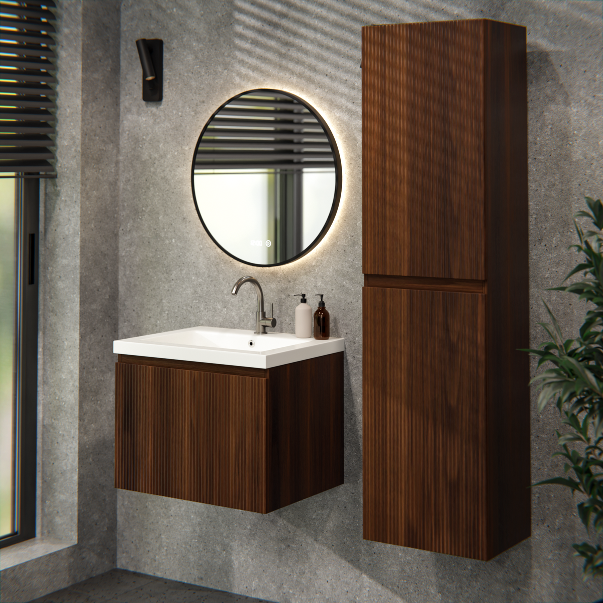 meuble de salle de bain Vino - 60 cm - brun noyer - lavabo blanc