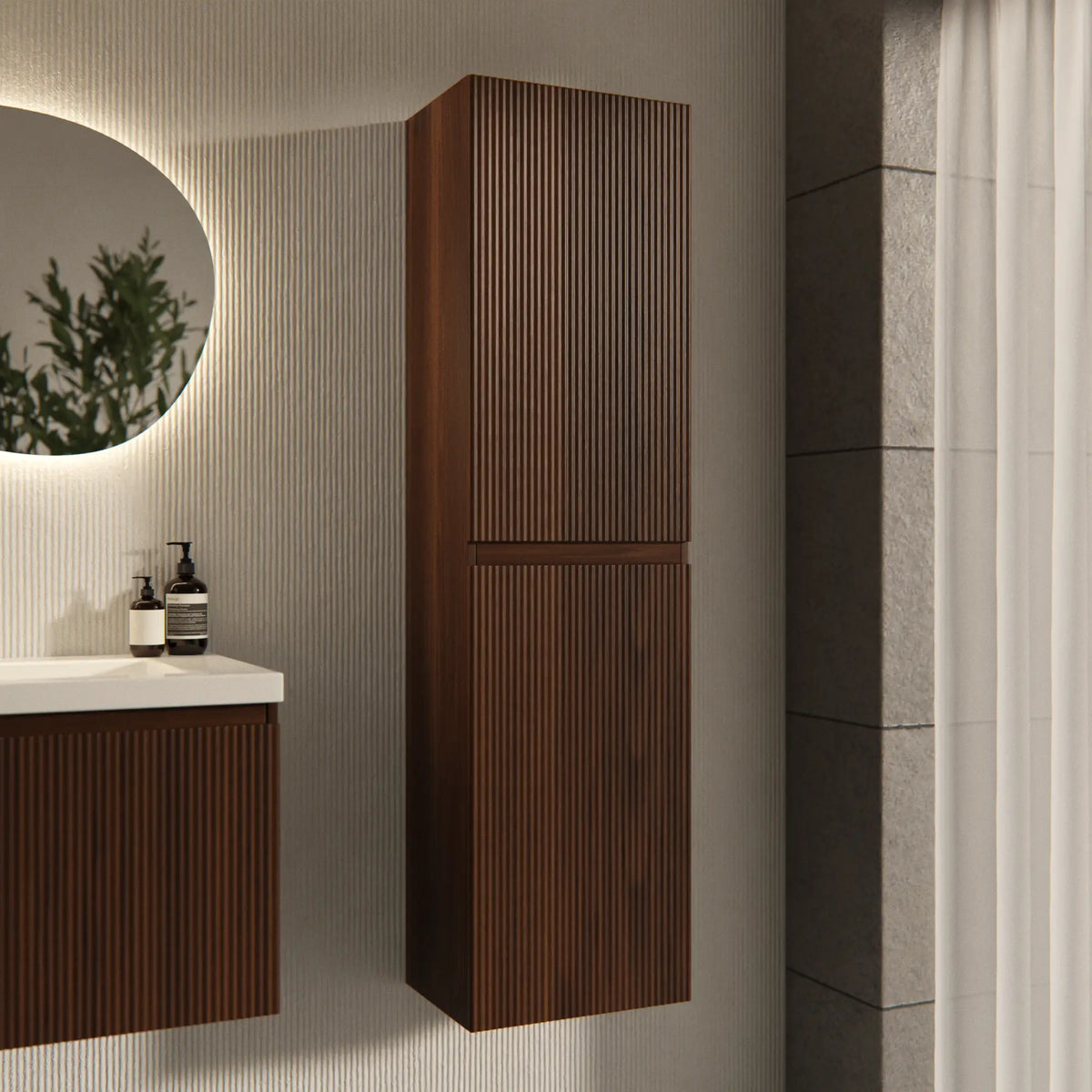 Meuble de salle de bain Ruvo - 150 cm - brun noyer avec relief strié