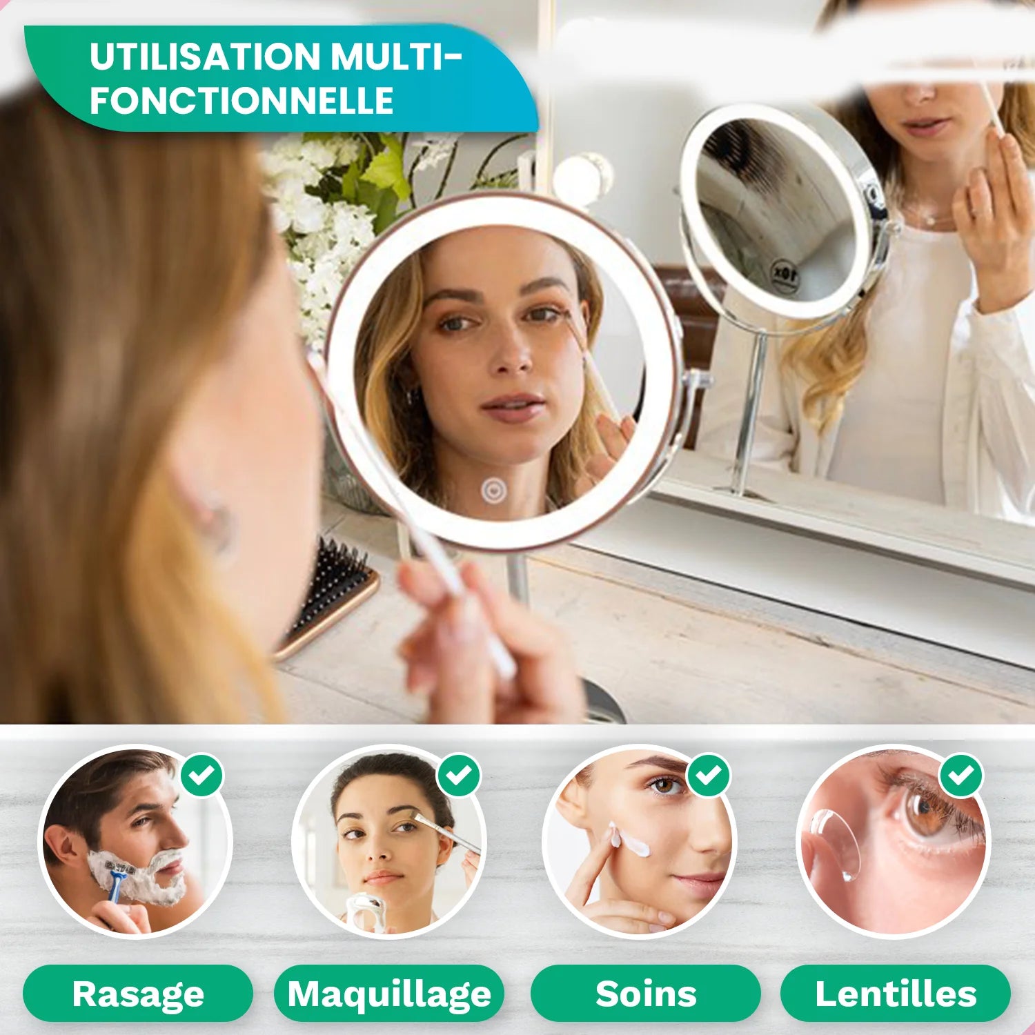 Miroir de maquillage - Rechargeable - Chrome - Grossissement 1-10x