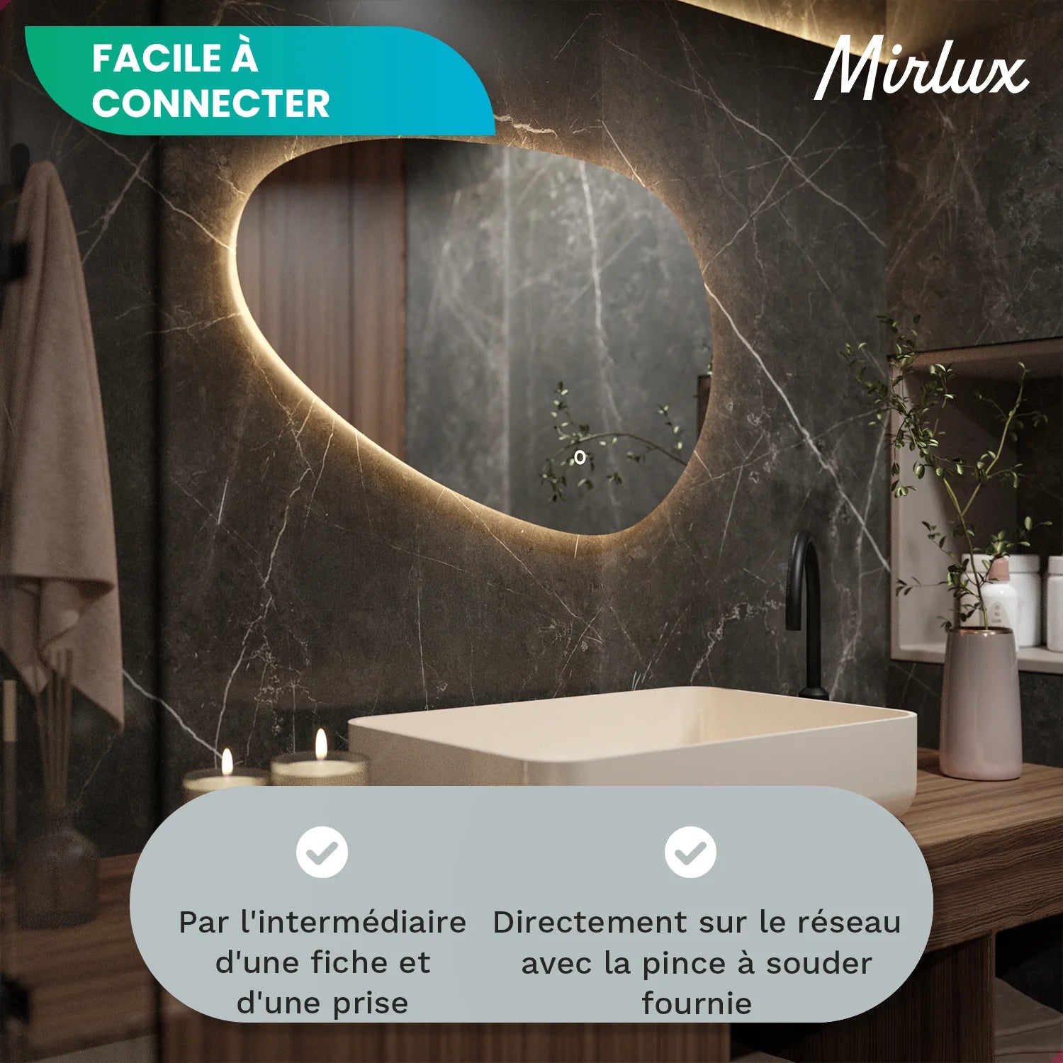 Miroir de salle de bain - 90x60cm Asymétrique - Sans cadre