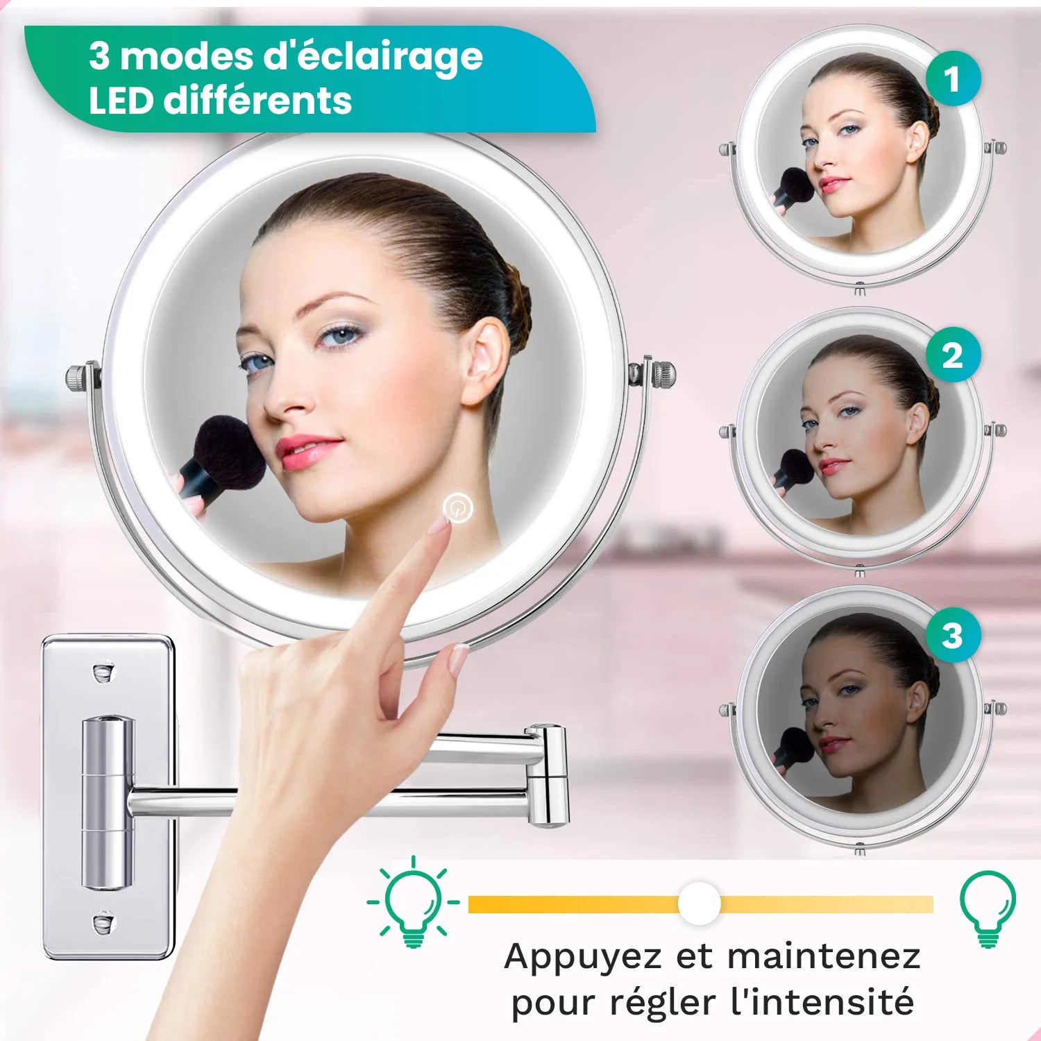 Miroir de maquillage - Batterie - Chrome - Grossissement 1-5x