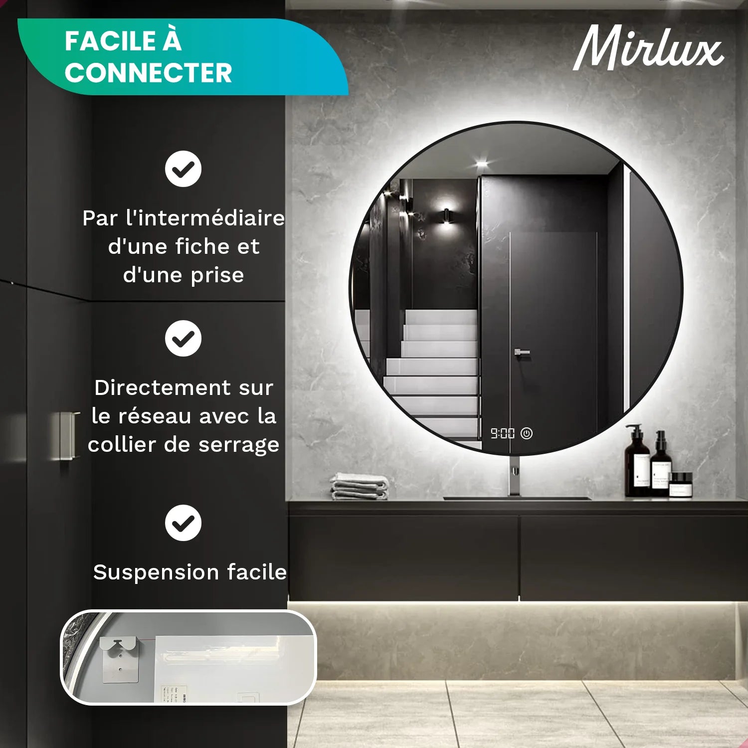 Miroir de Salle de Bain - 80cm - Cadre Noir