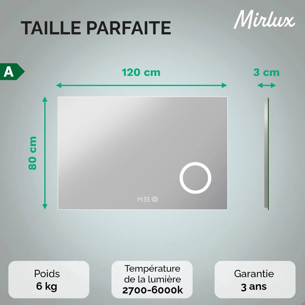 Miroir de salle de bain - 120x80cm - Sans cadre
