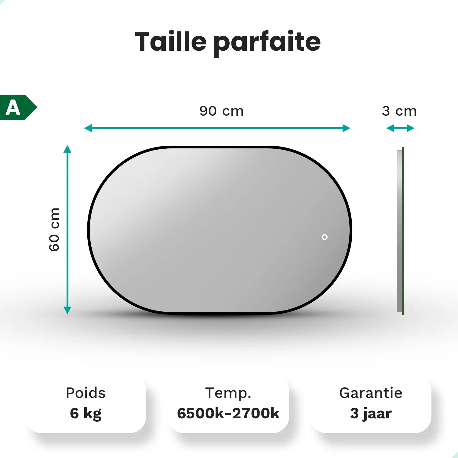 Miroir de Salle de Bain - 90x60cm - Cadre Noir