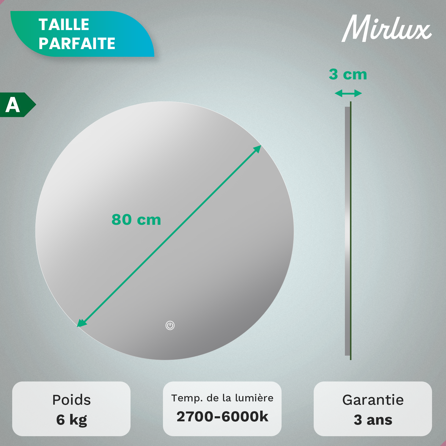Miroir de salle de bain - 80cm - Rond - Sans cadre - Précommander
