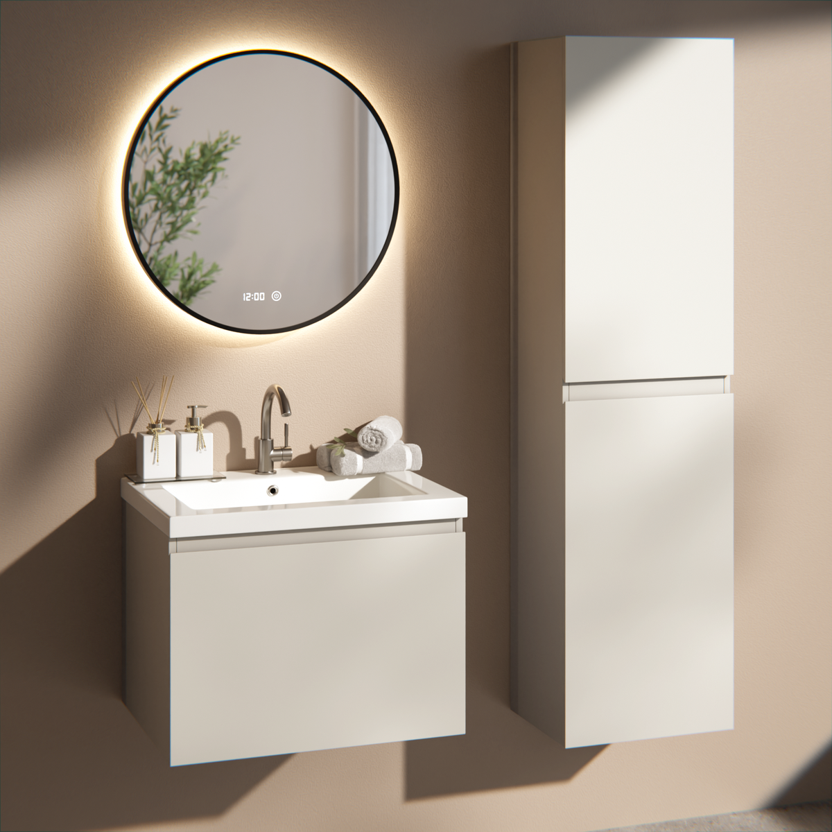 Meuble de salle de bain Vino - 60 cm - Taupe - Lavabo Blanc