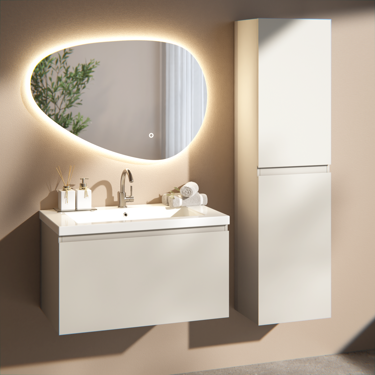 meuble de salle de bain Niko - 80 cm - Taupe - lavabo blanc