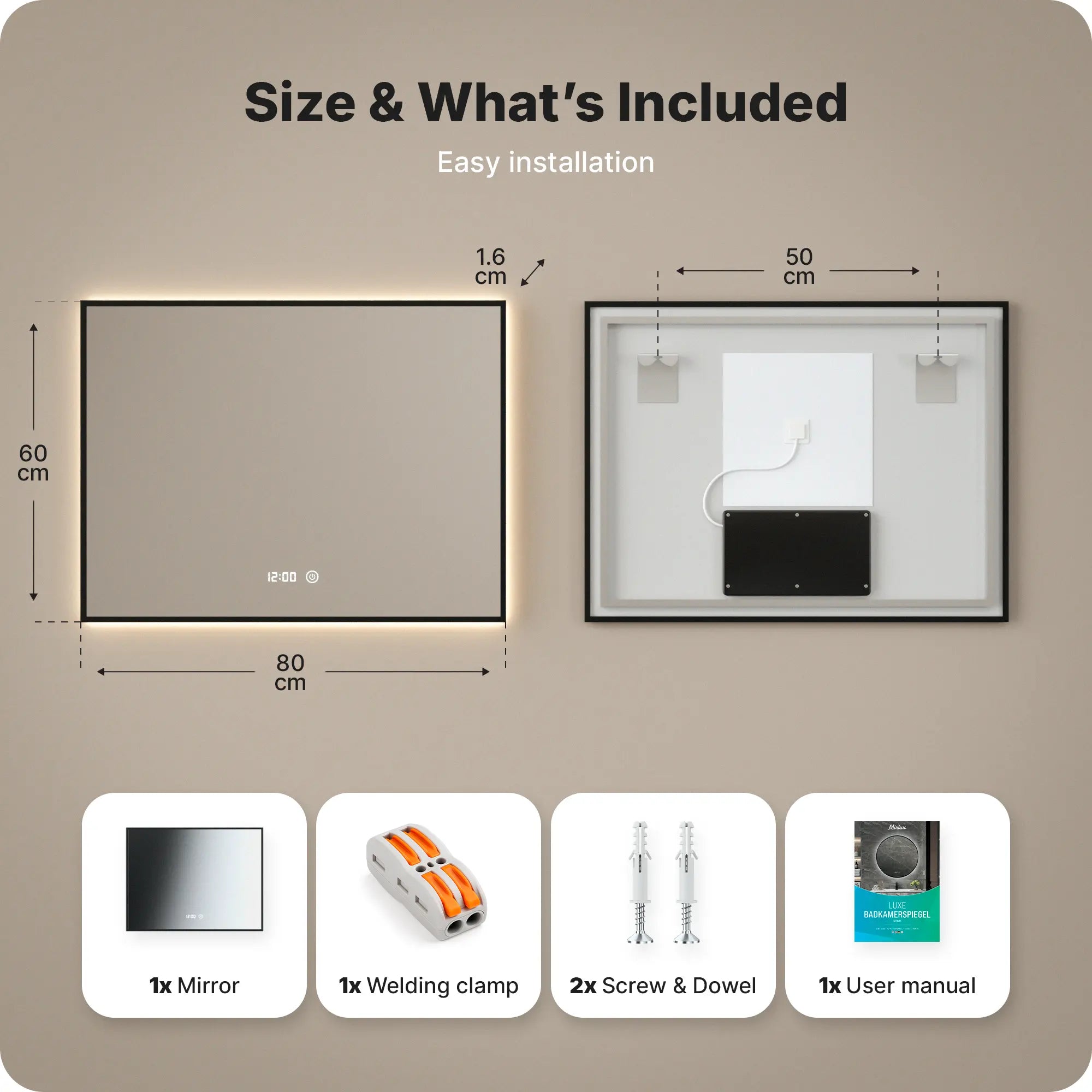 miroir de salle de bain - 80x60cm - Rectangulaire - Cadre Noir