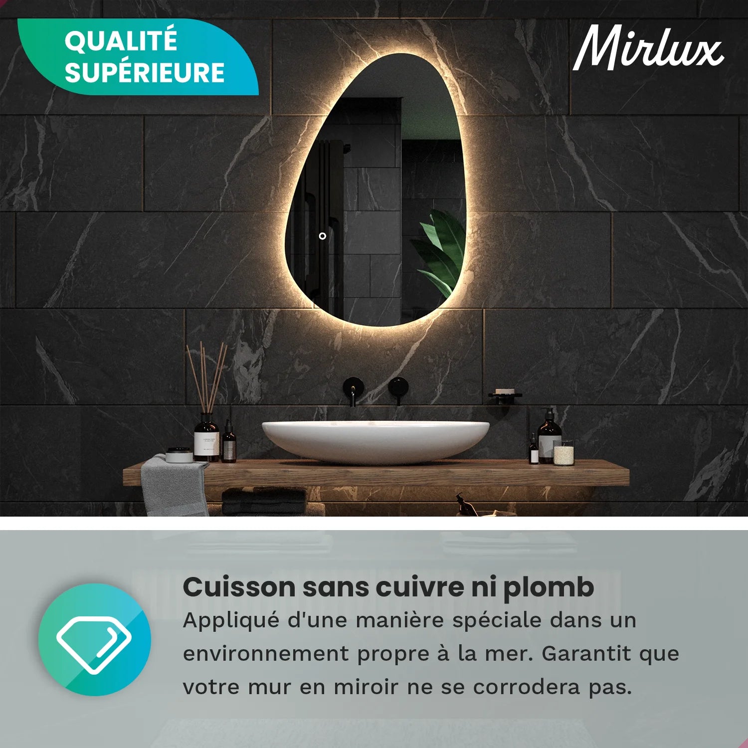 Miroir de salle de bain - 90x60cm Asymétrique - Sans cadre