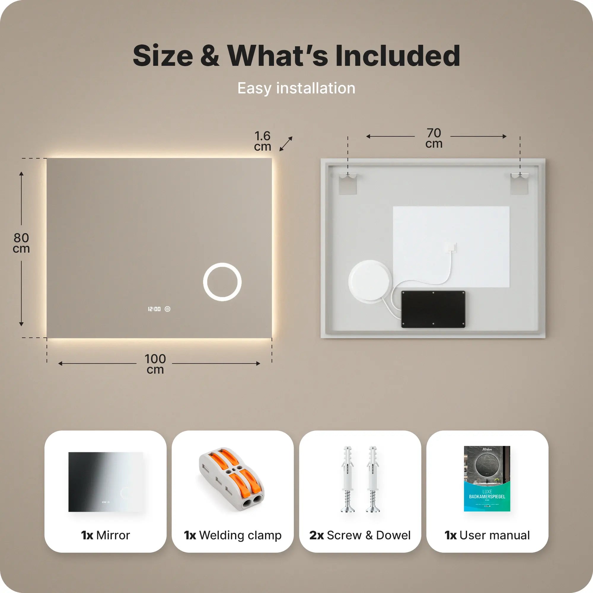 miroir de salle de bain - 100x80 cm - Rectangulaire - Sans Cadre