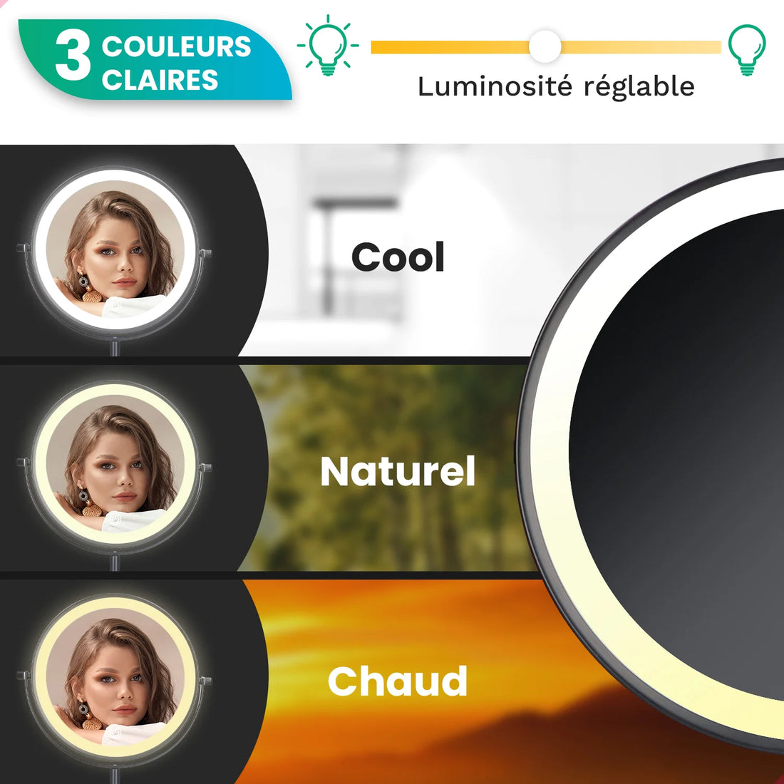 Miroir de maquillage - Rechargeable - Noir - Grossissement 1-5x