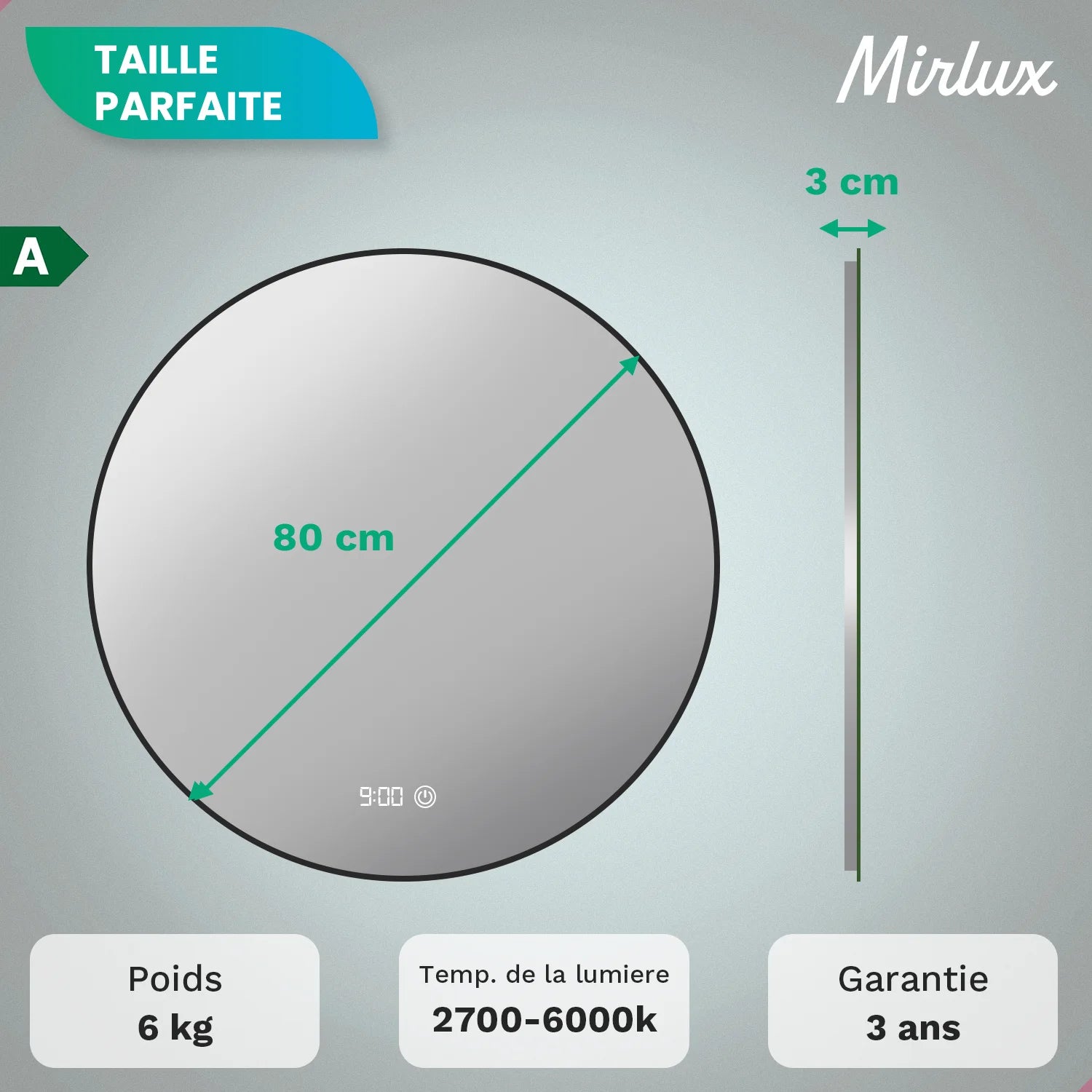 Miroir de Salle de Bain - 80cm - Cadre Noir