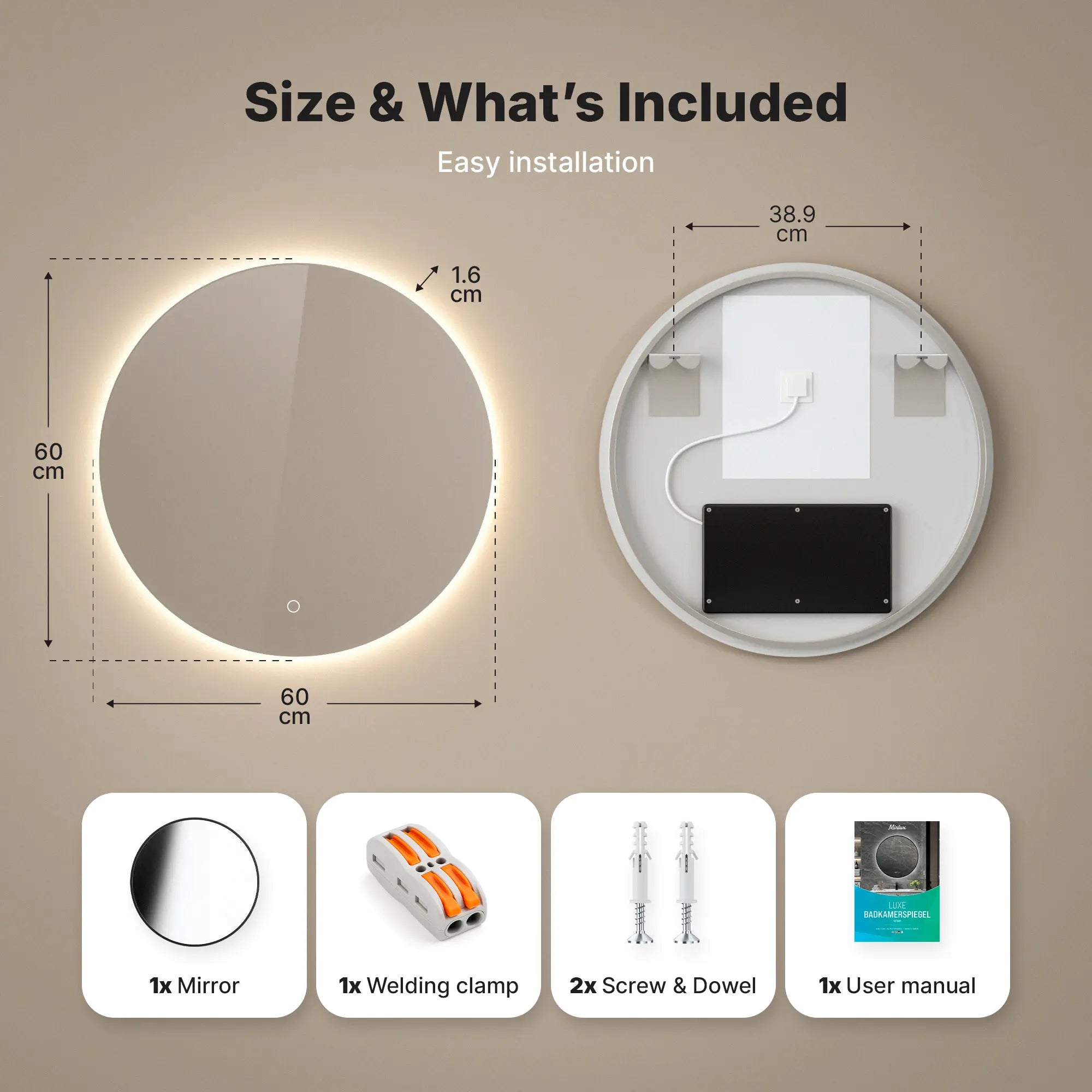 Miroir de salle de bain - 60cm - Sans cadre