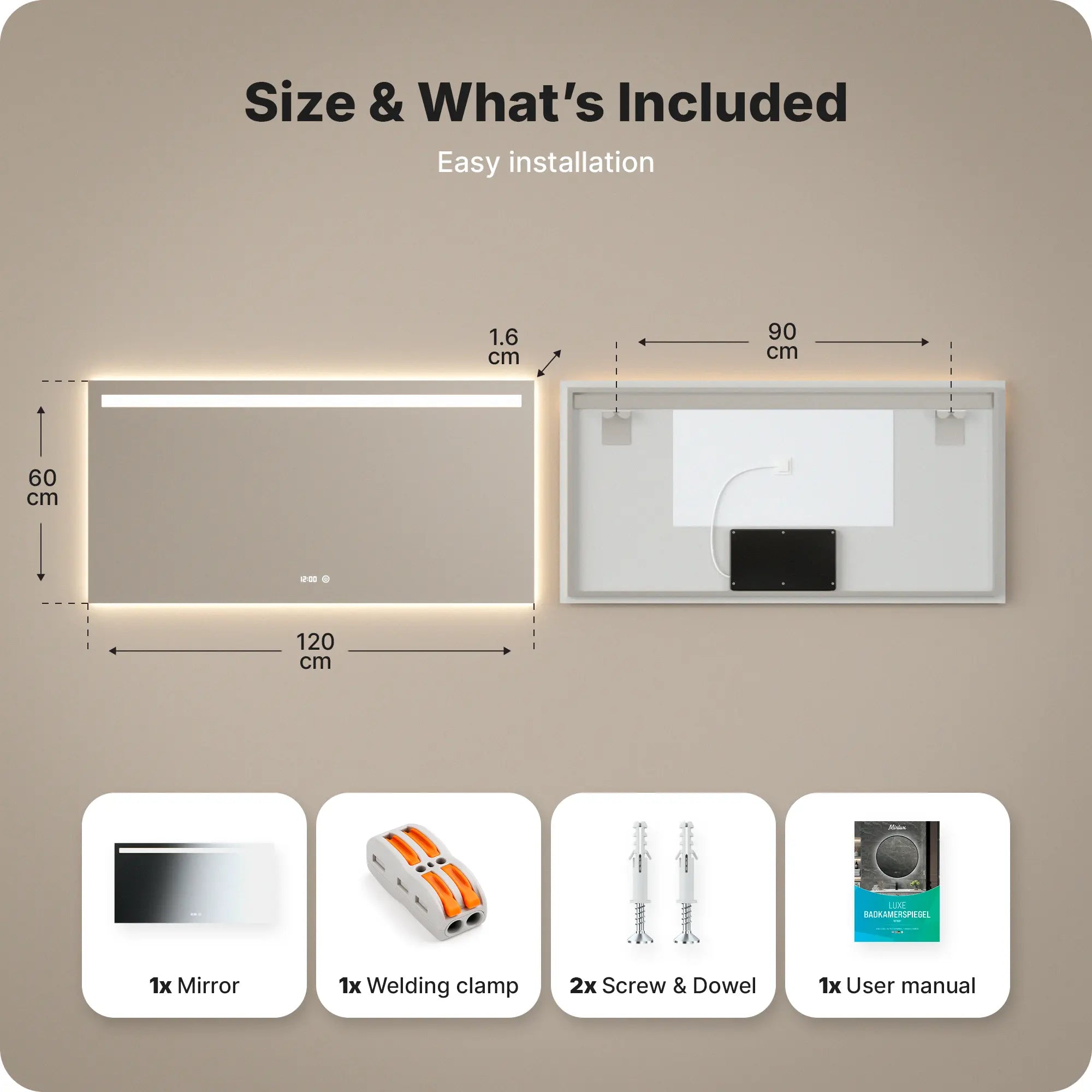 miroir de salle de bain - 120x60 cm - Rectangulaire - Sans Cadre