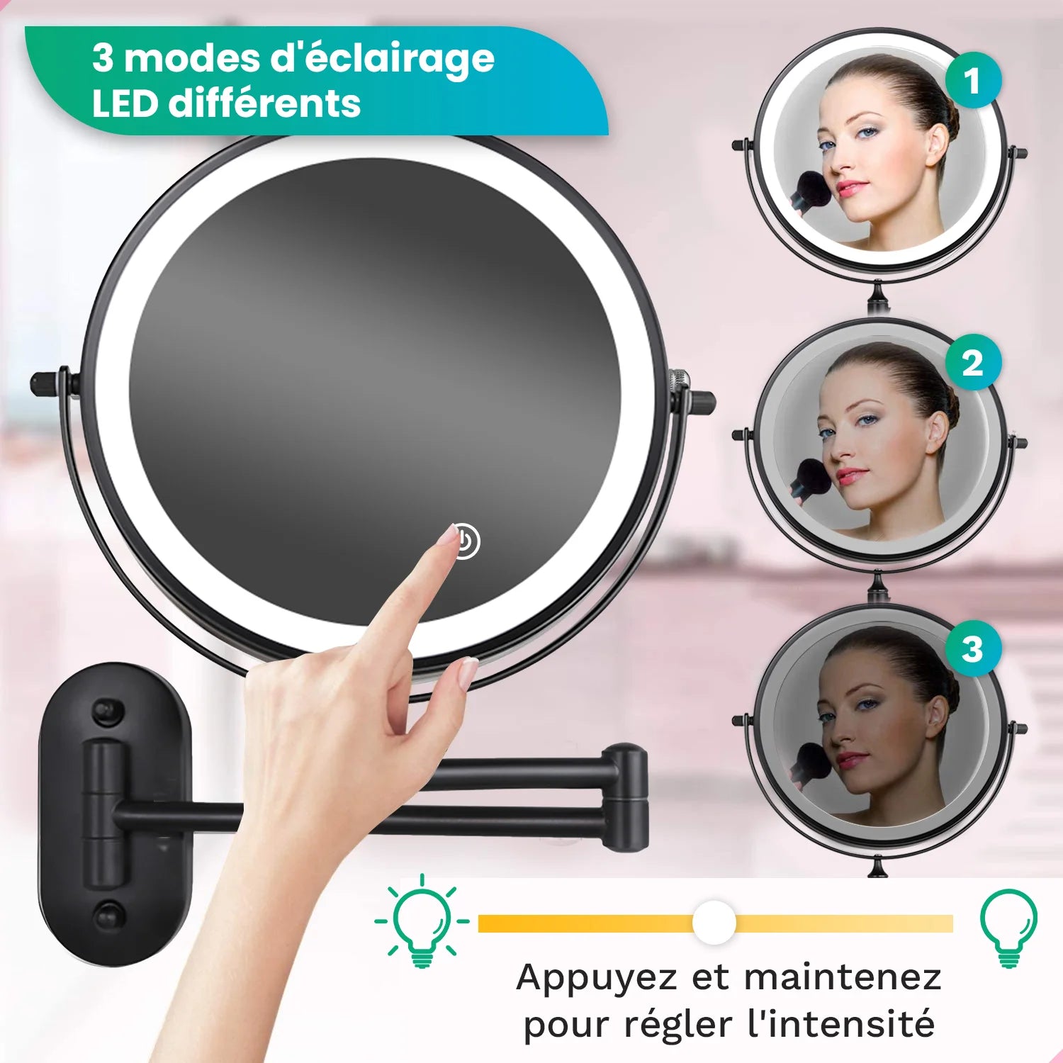 Miroir de maquillage - Batterie - Noir - Grossissement 1-5x