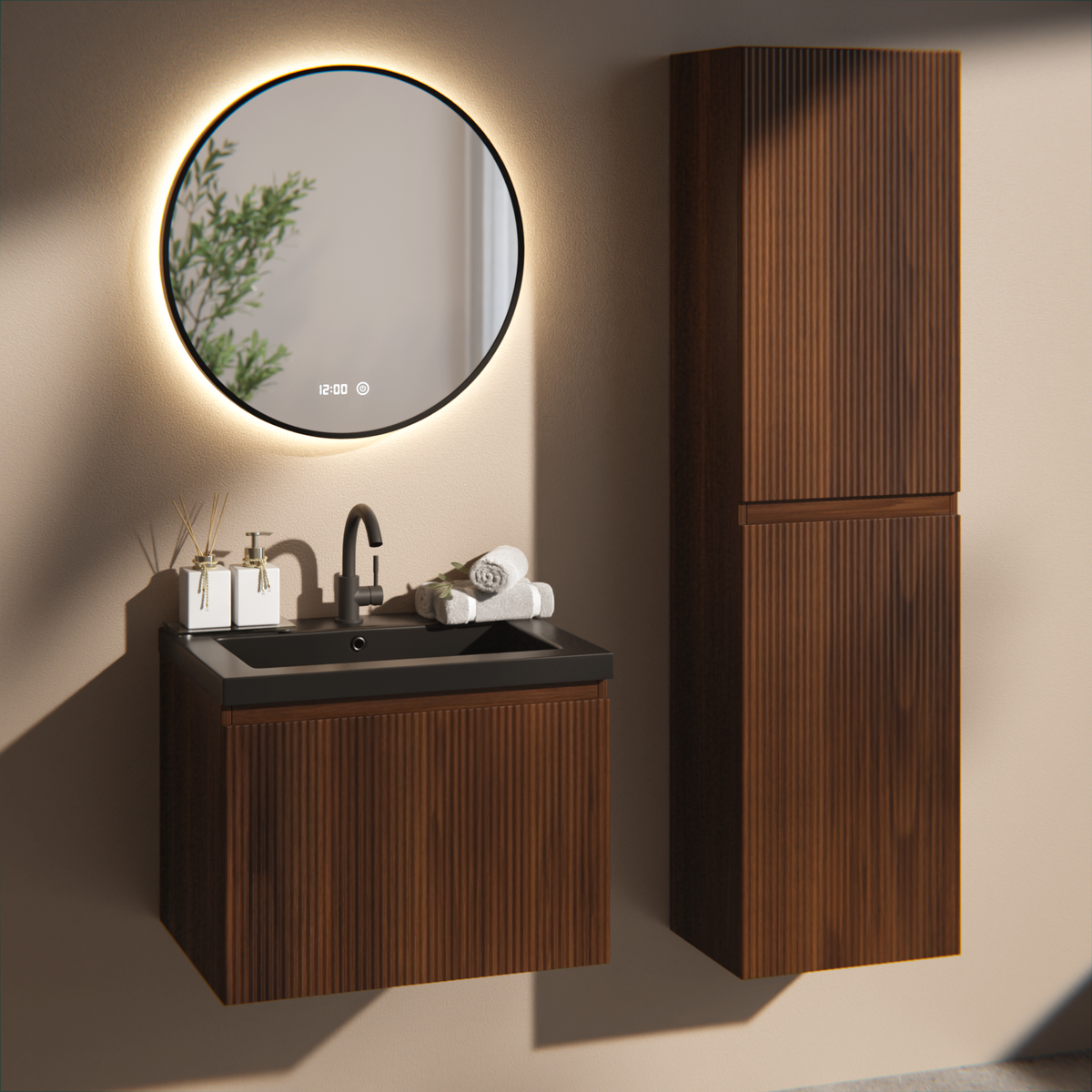 meuble de salle de bain Vino - 60 cm - brun noyer - lavabo noir
