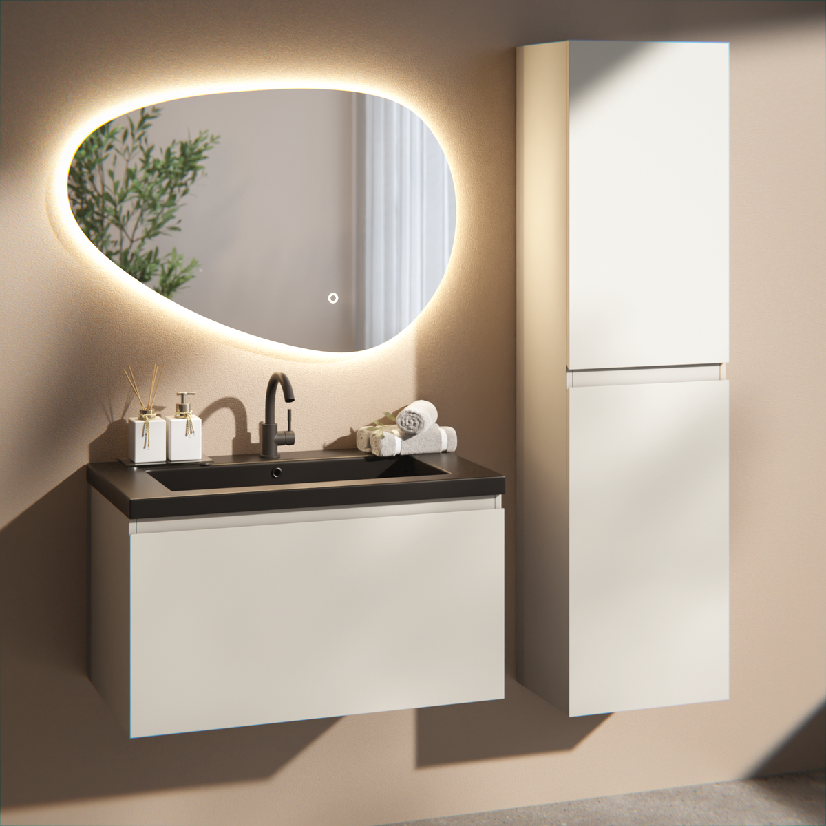 meuble de salle de bain Niko - 80cm - Taupe - lavabo Noir