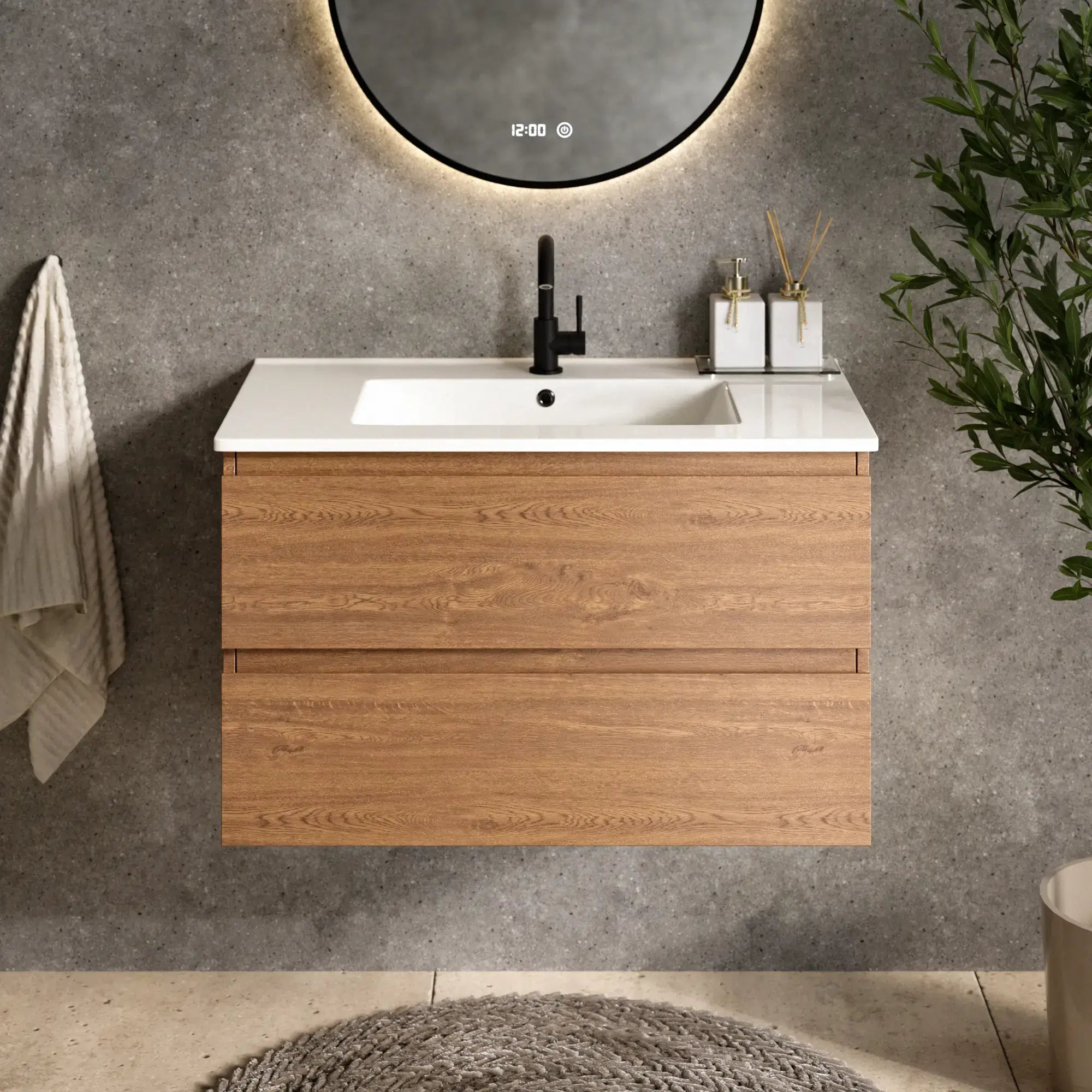 Meuble de salle de bain Luma - 80 cm - Chêne chaud - Lavabo blanc - PRÉCOMMANDE - Précommander