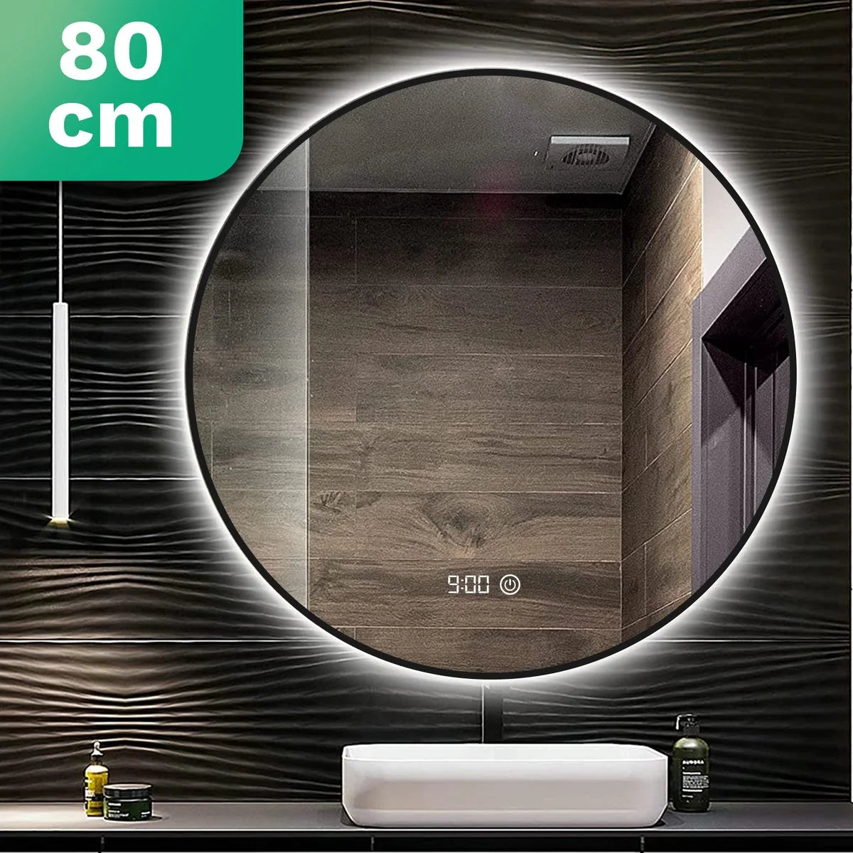 Miroir de Salle de Bain - 80cm - Cadre Noir - Précommander