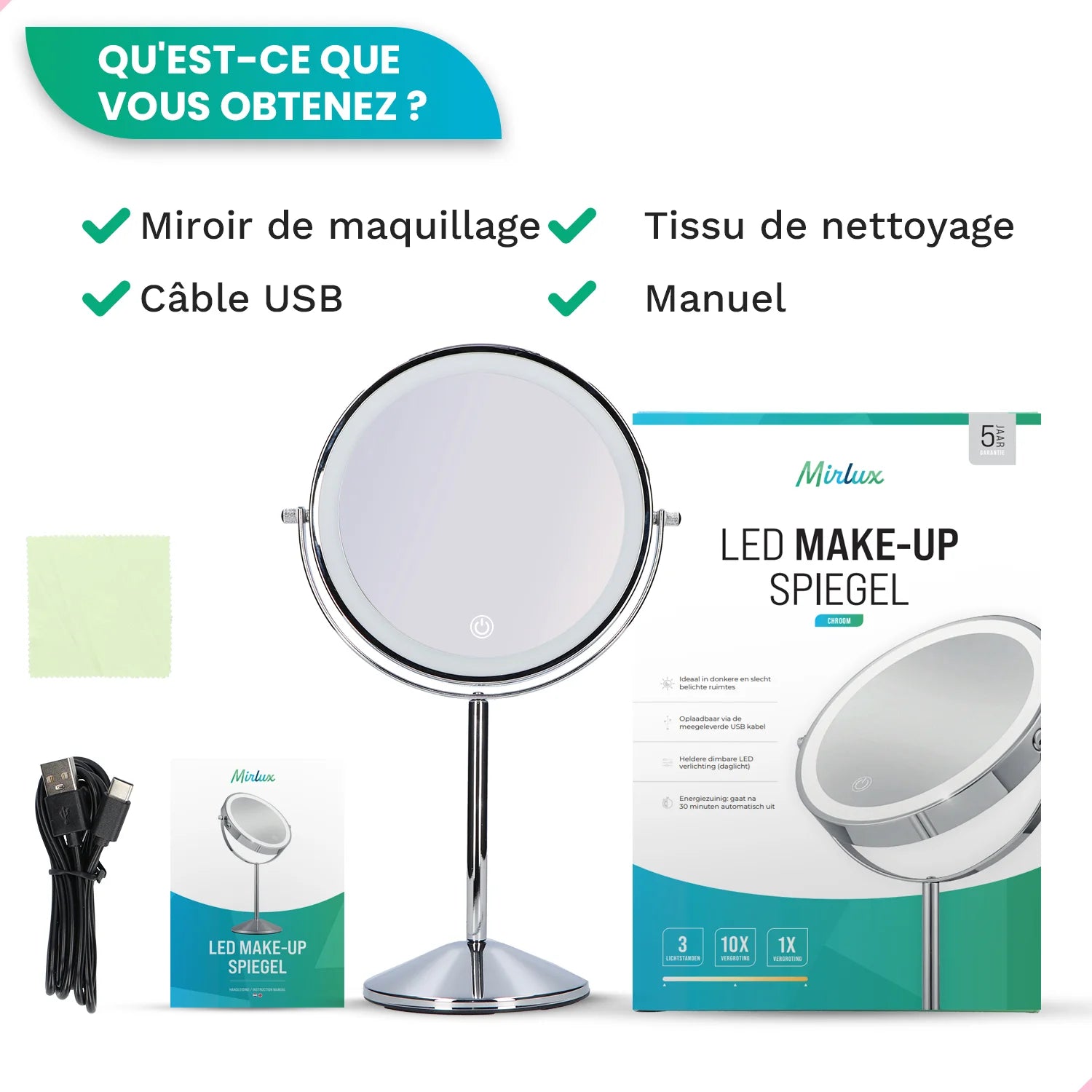 Miroir de maquillage - Rechargeable - Chrome - Grossissement 1-10x