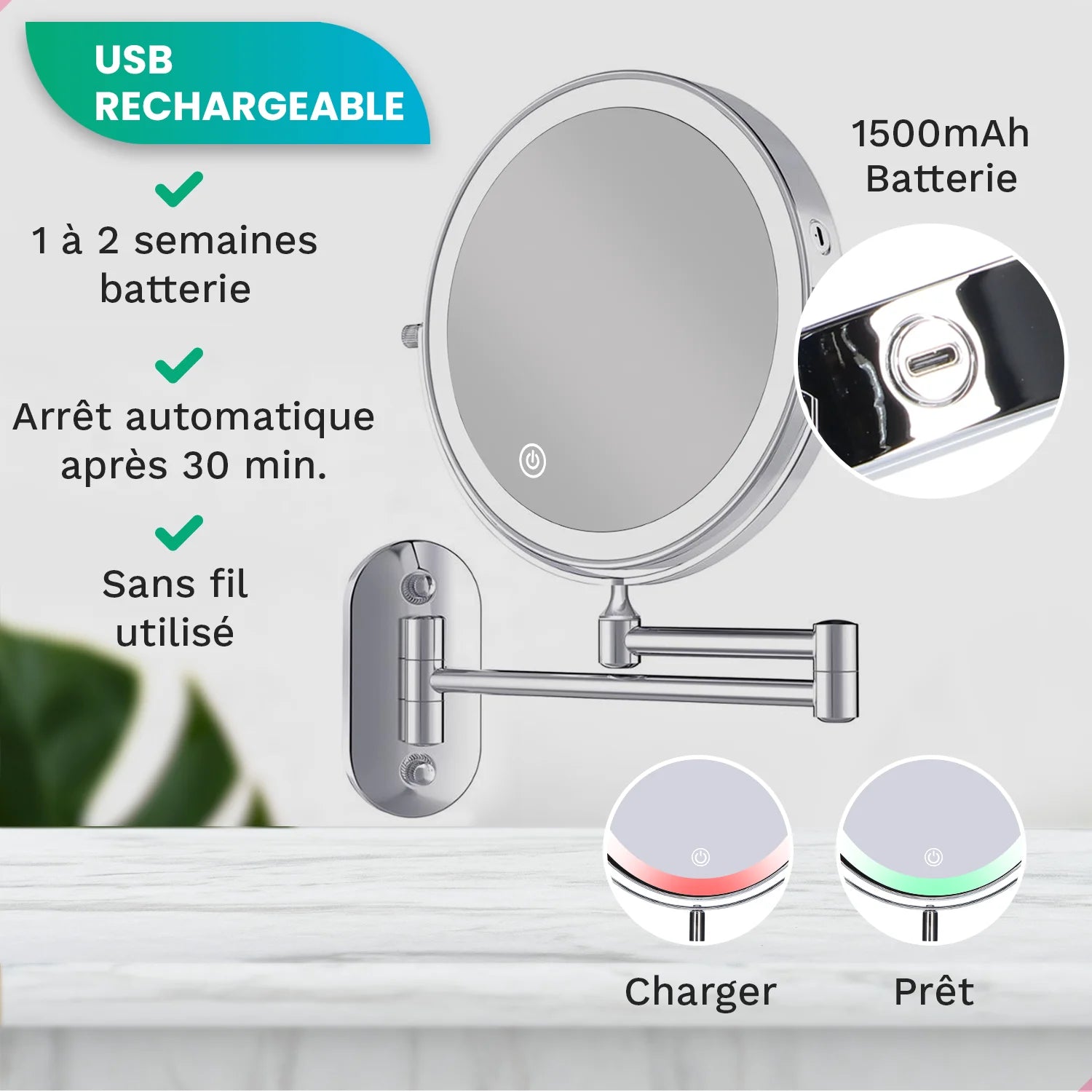 Miroir de maquillage - Rechargeable - Chrome - Grossissement 1-7x