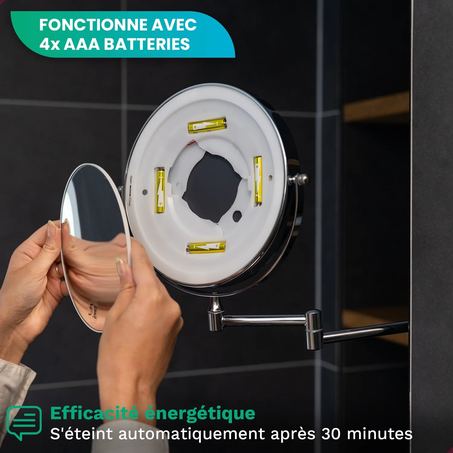 Miroir de maquillage - Batterie - Chrome - Grossissement 1-5x
