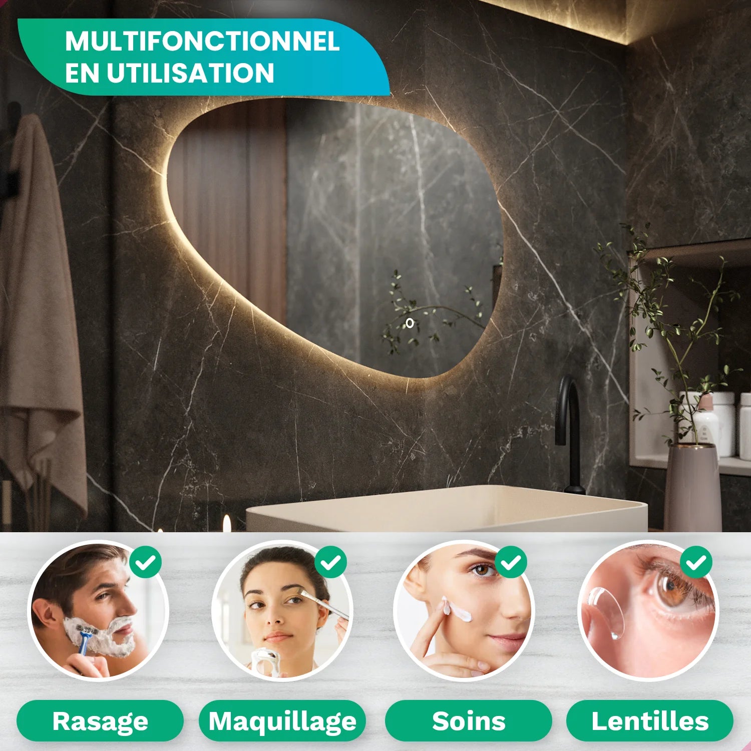 Miroir de salle de bain - 90x60cm Asymétrique - Sans cadre