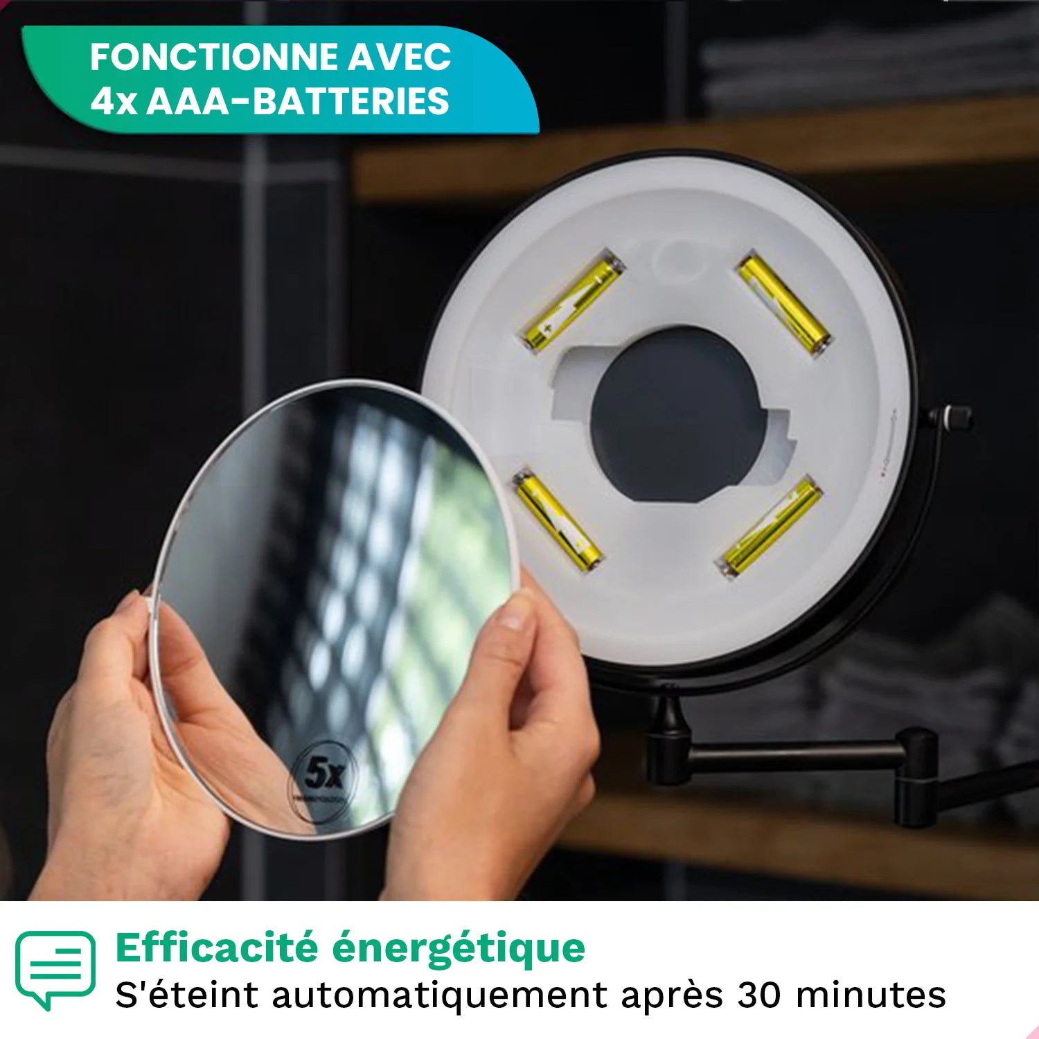 Miroir de maquillage - Batterie - Noir - Grossissement 1-5x