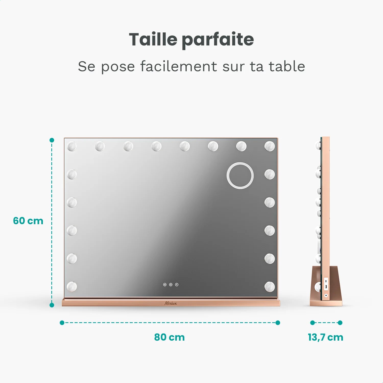 Miroir Hollywood - Enceintes Bluetooth - 80x60cm - Or Rose