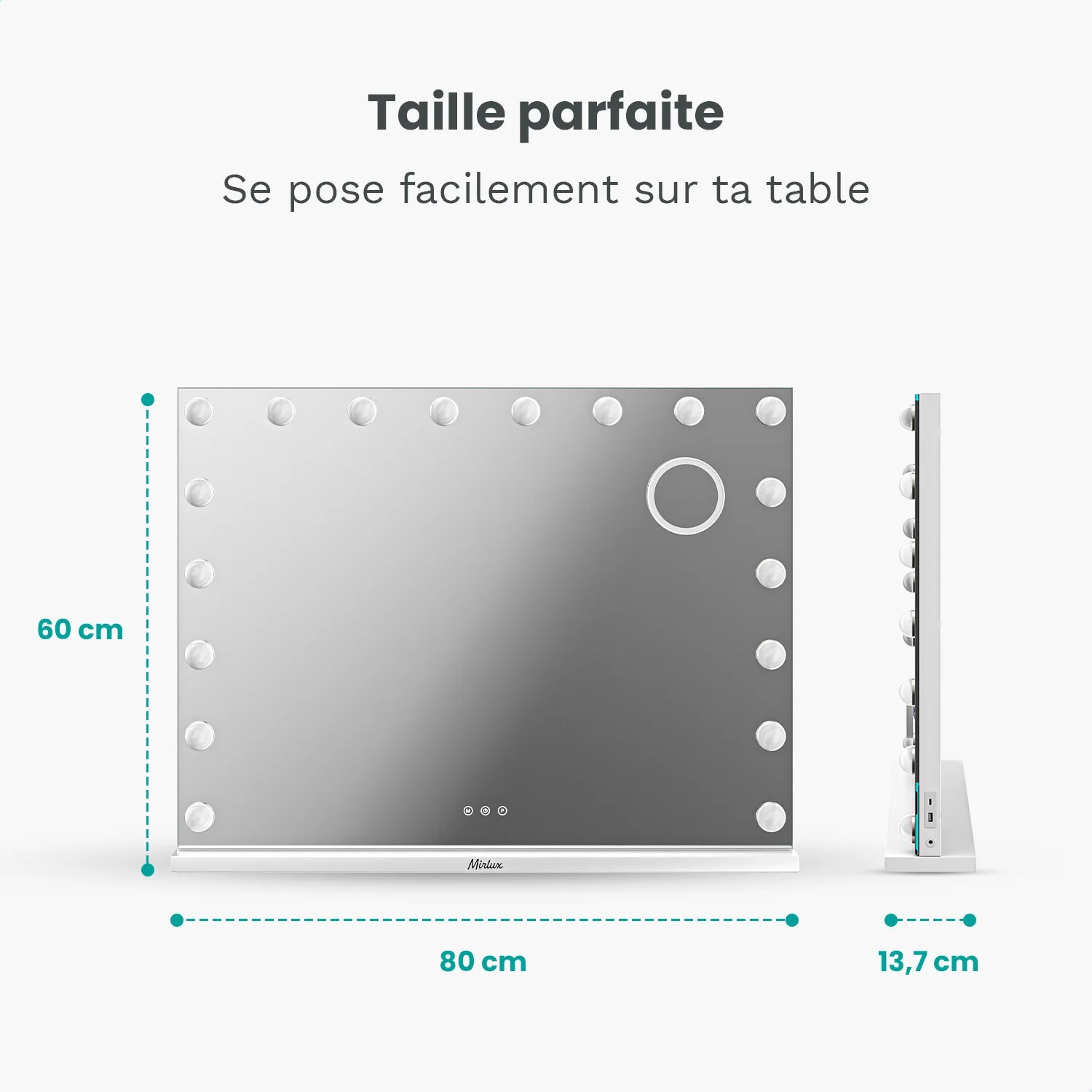 Miroir Hollywood - Enceintes Bluetooth - 80x60cm - Blanc