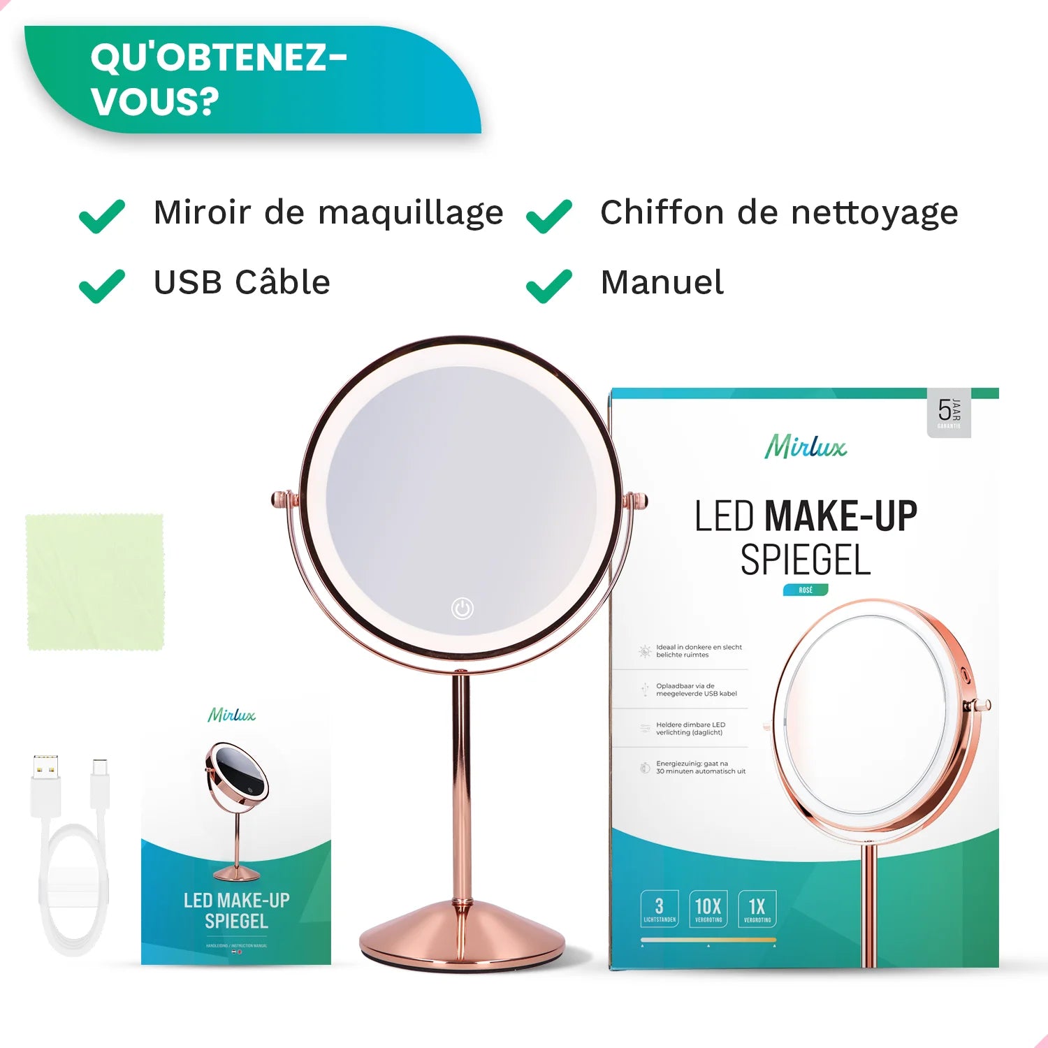 Miroir de maquillage - Rechargeable - Rosé - Grossissement 1-10x