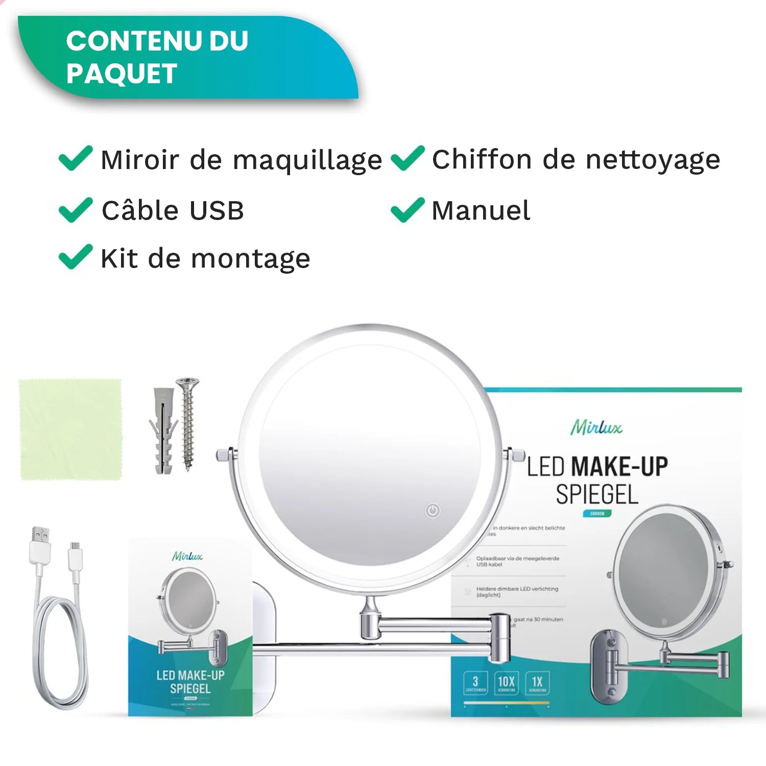Miroir de maquillage - Batterie - Chrome - Grossissement 1-5x