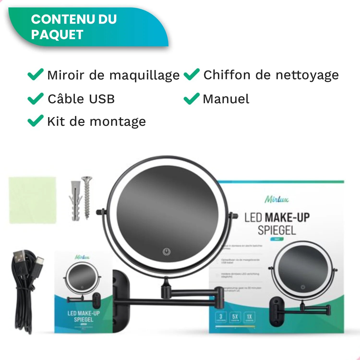 Miroir de maquillage - Rechargeable - Noir - Grossissement 1-5x