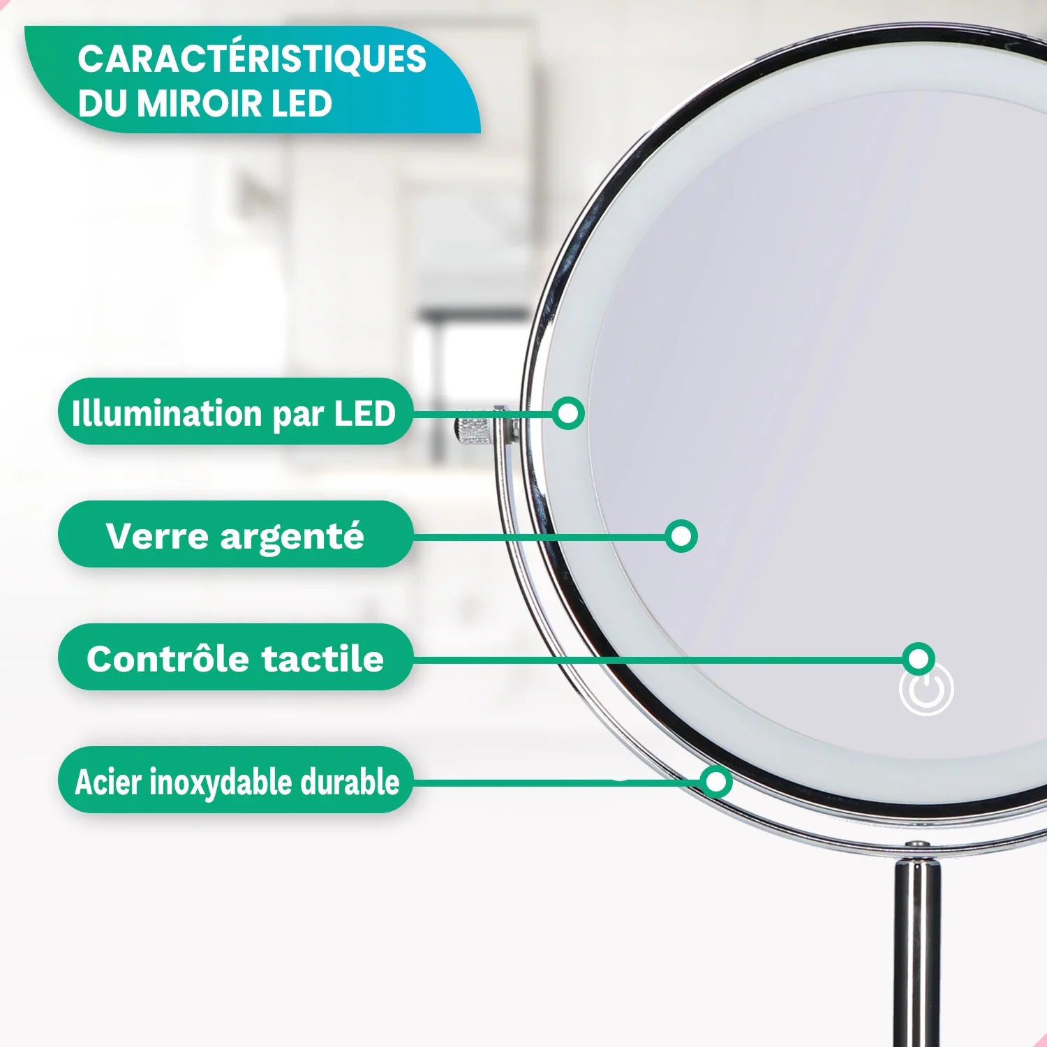 Miroir de maquillage - Rechargeable - Chrome - Grossissement 1-10x