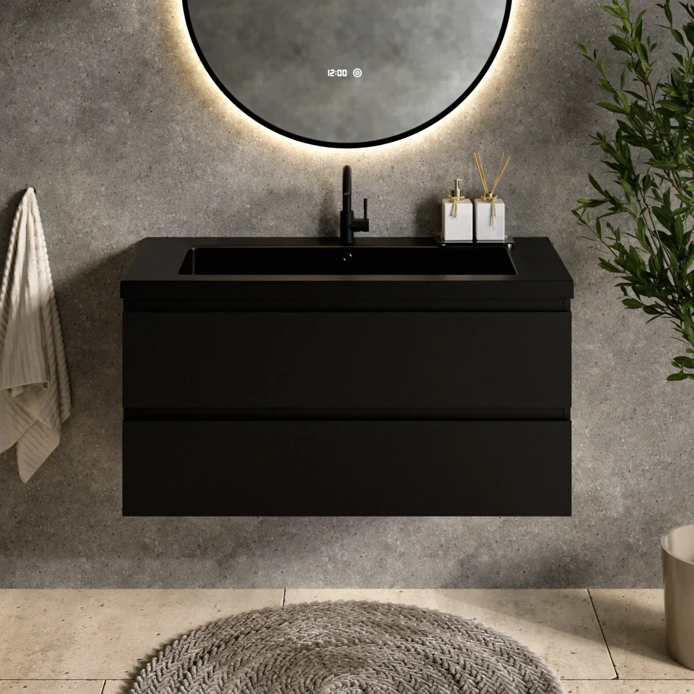 Meuble de salle de bain Sena - 100 cm - Noir mat - Vasque noire