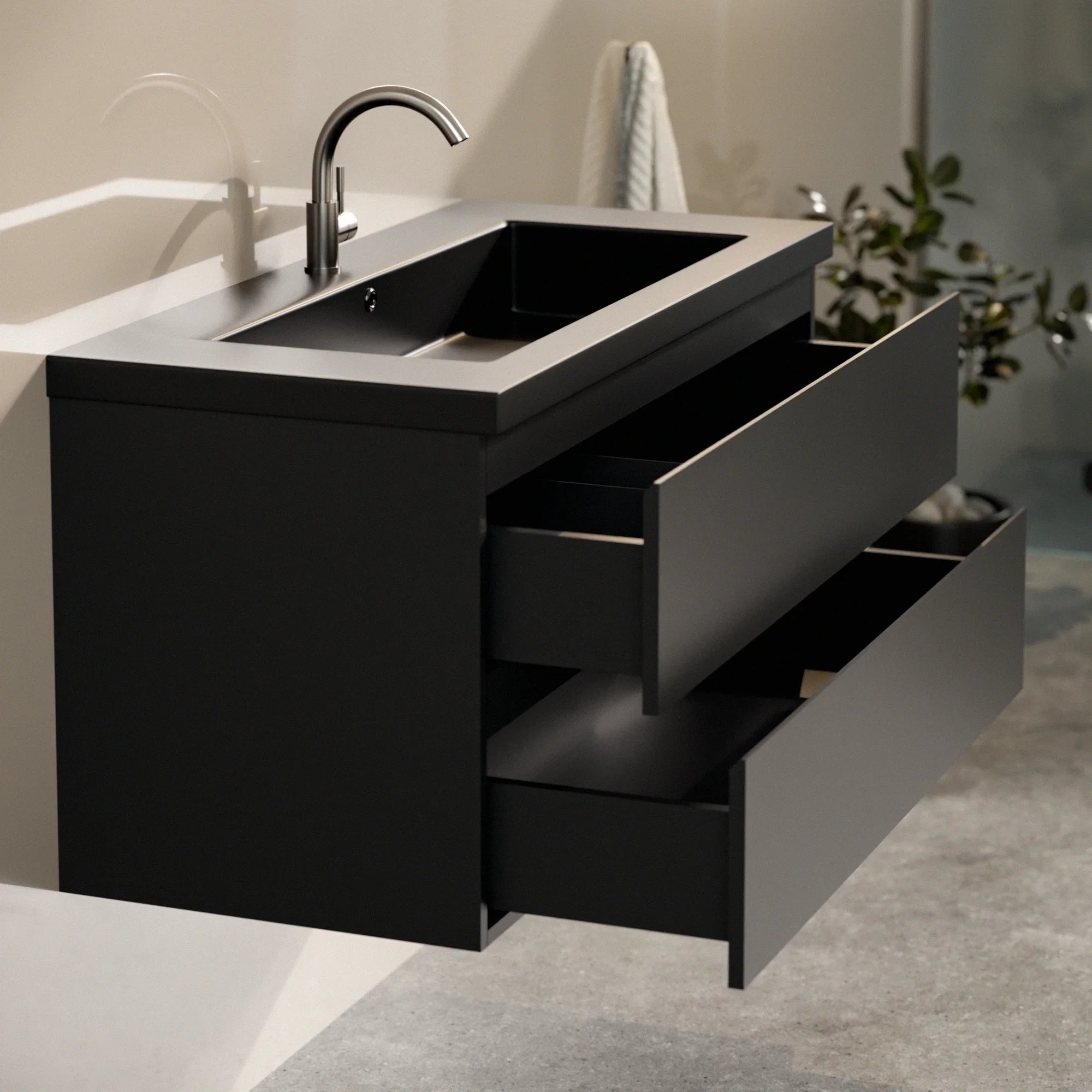 Meuble de salle de bain Sena - 100 cm - Noir mat - Vasque noire