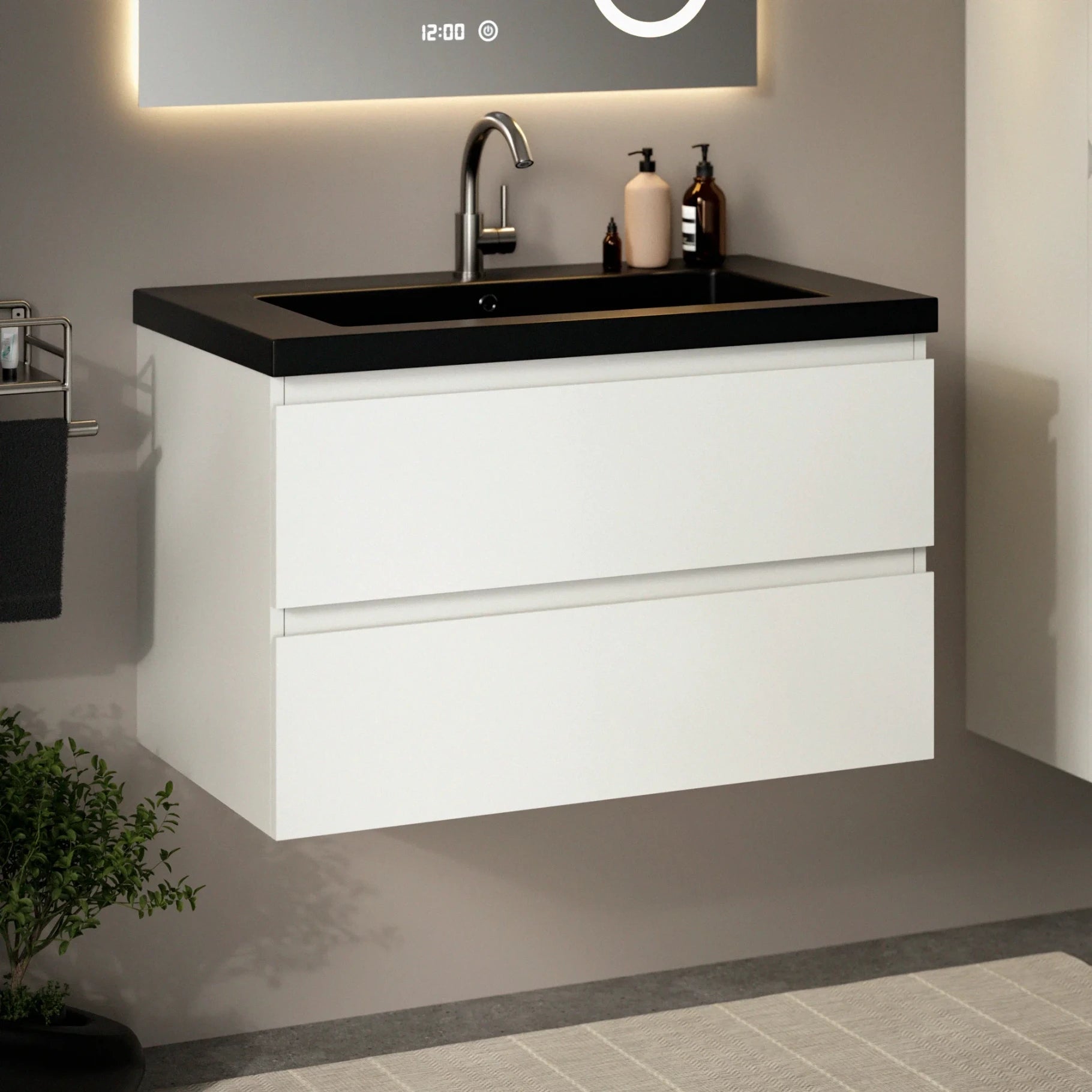 Meuble de salle de bain Sova - 80 cm - Blanc - Vasque noire - Précommander