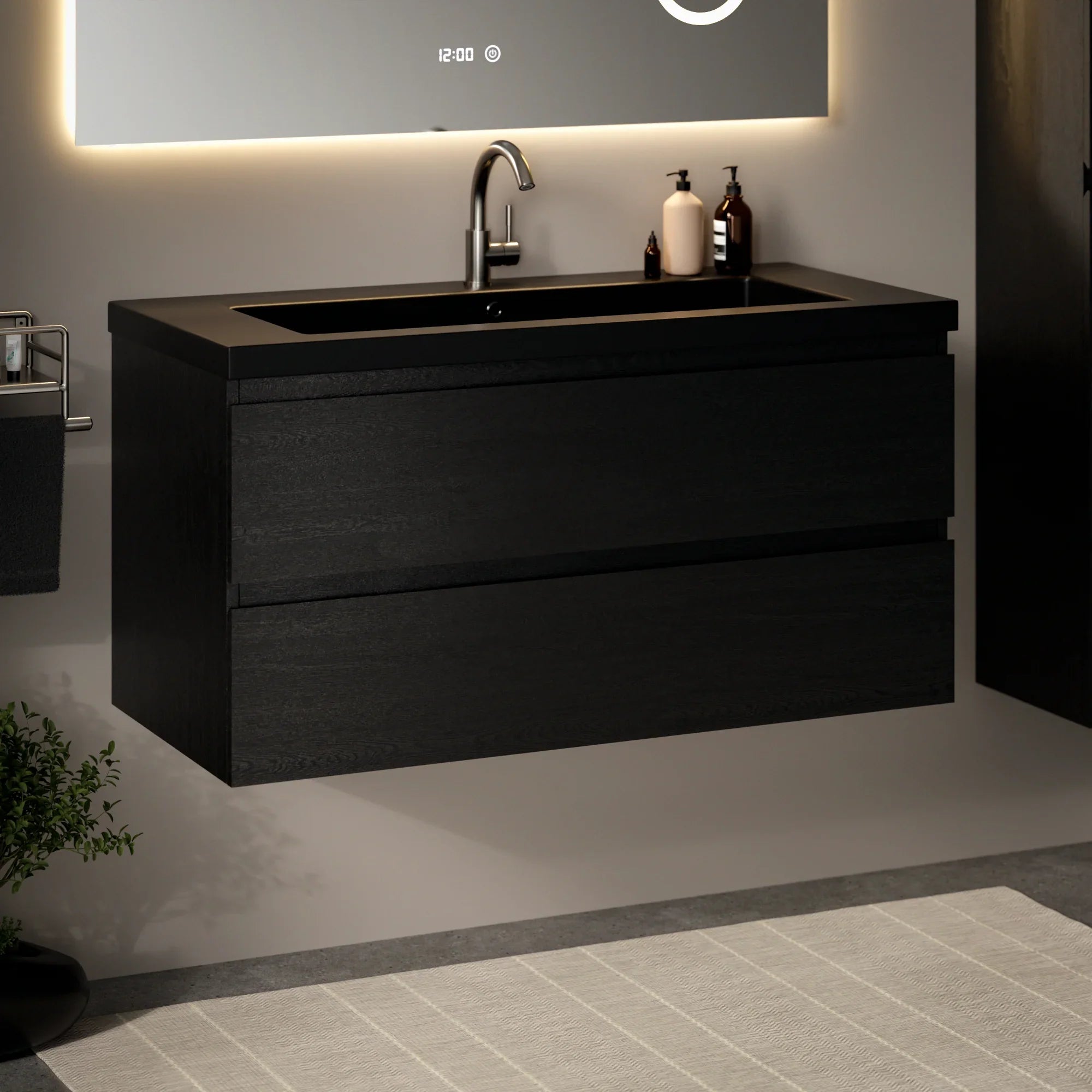 Meuble de salle de bain Sena - 100 cm - Chêne noir - Vasque noire - Précommander