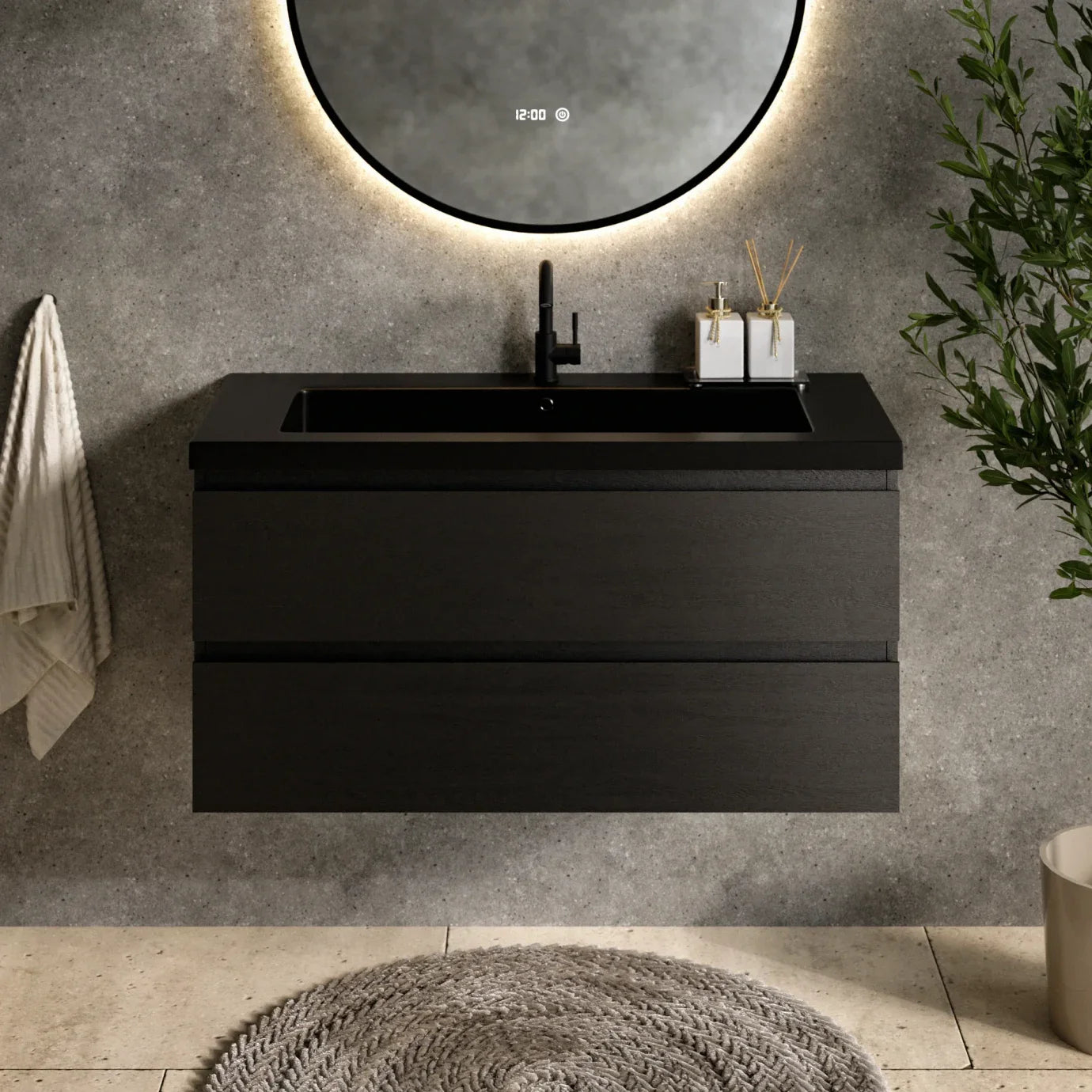 Meuble de salle de bain Sena - 100 cm - Chêne noir - Vasque noire - Précommander