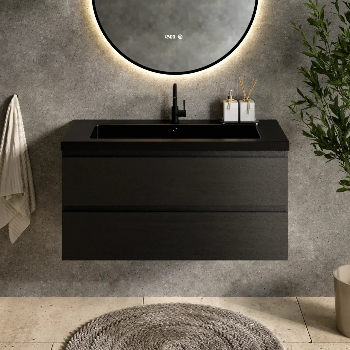 Ensemble meuble vasque Imperial – 100 cm – Chêne Noir – Lavabo Noir