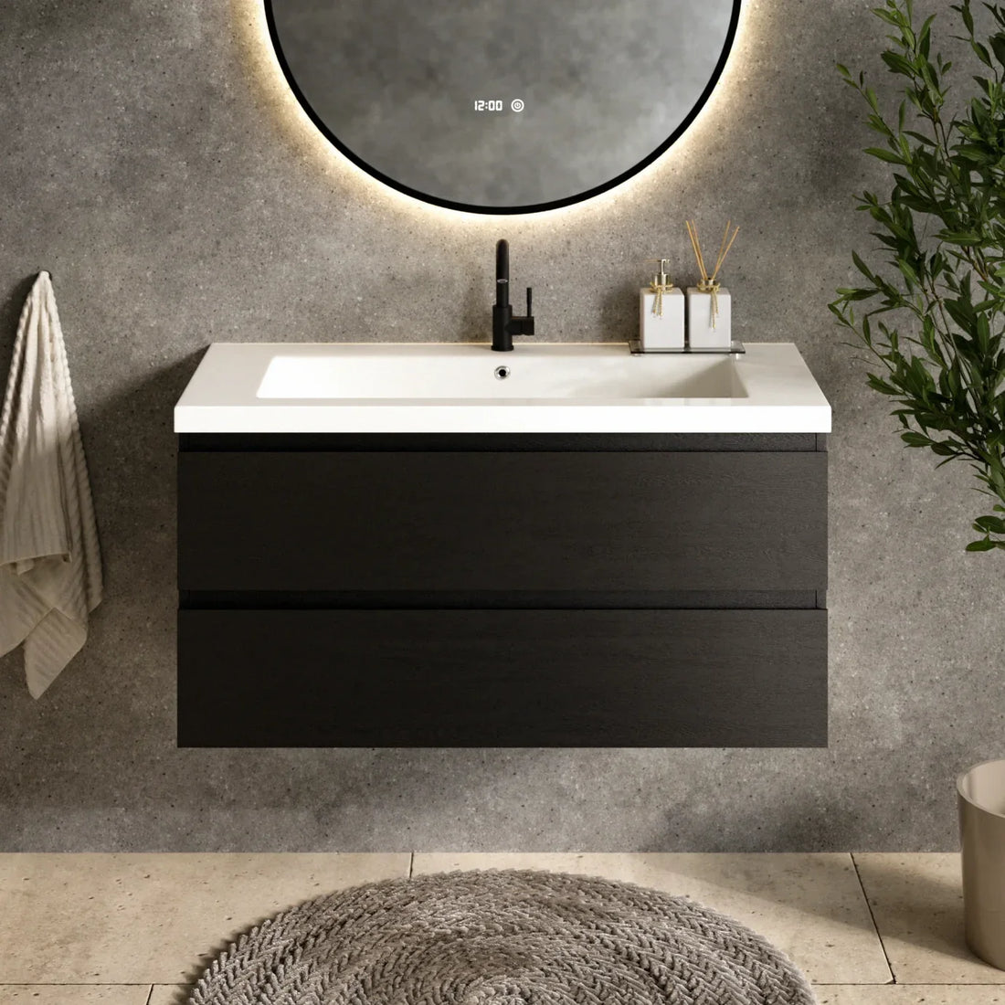 Meuble de salle de bain Sena - 100 cm - Chêne Noir - Lavabo Blanc