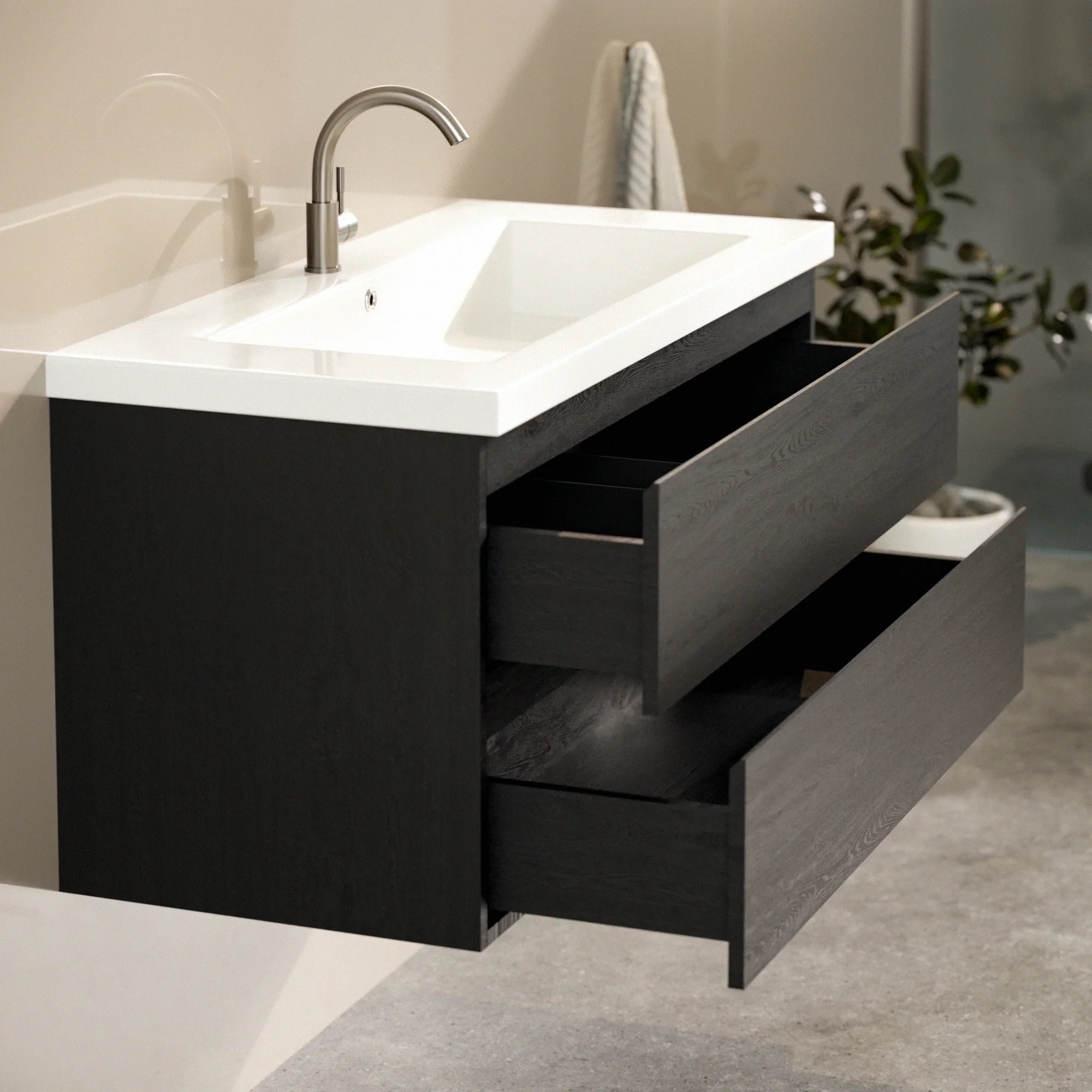Meuble de salle de bain Sena - 100 cm - Chêne noir - Vasque blanche