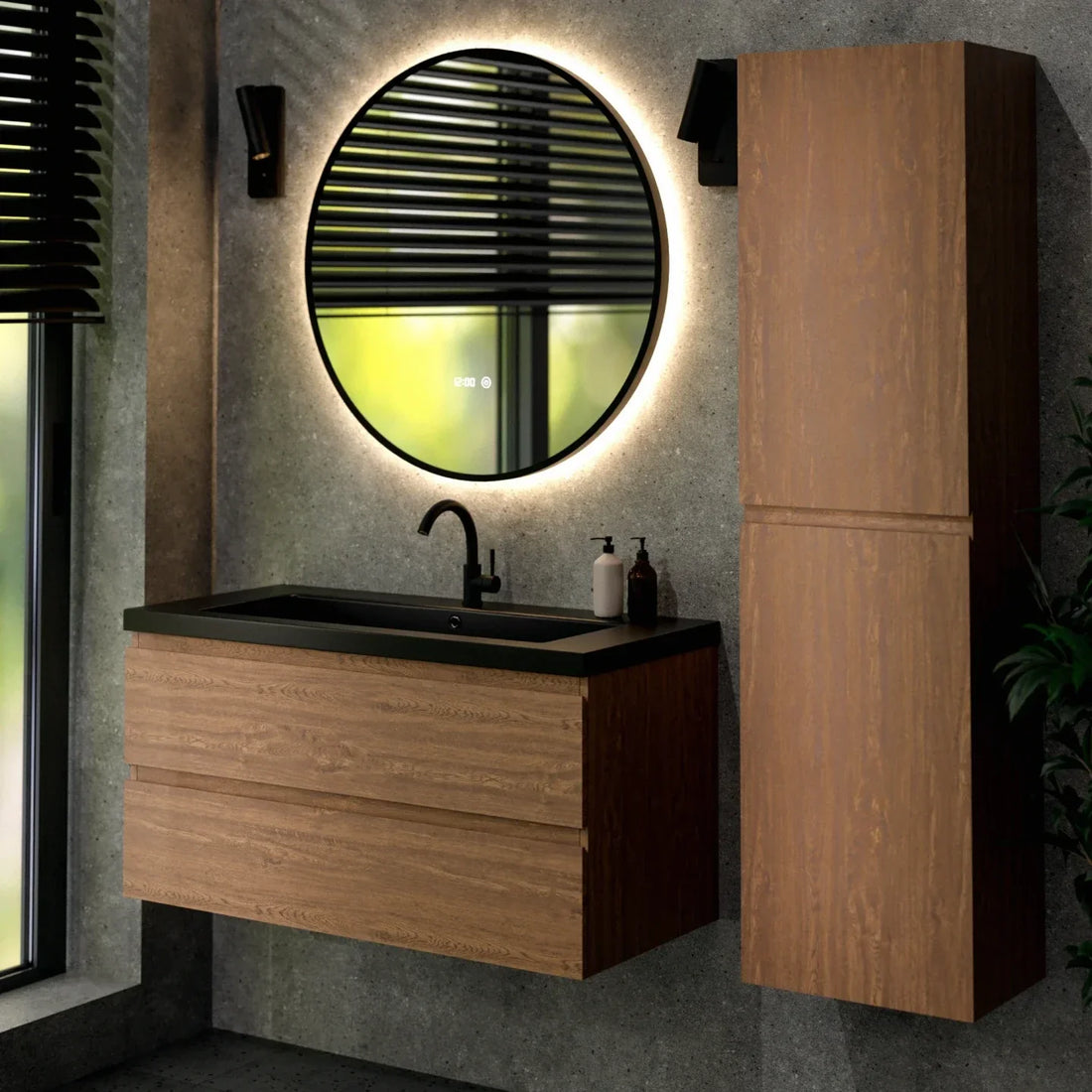Ensemble de meubles de salle de bain Verona – 100 cm – Chene Chaud – Lavabo Noir