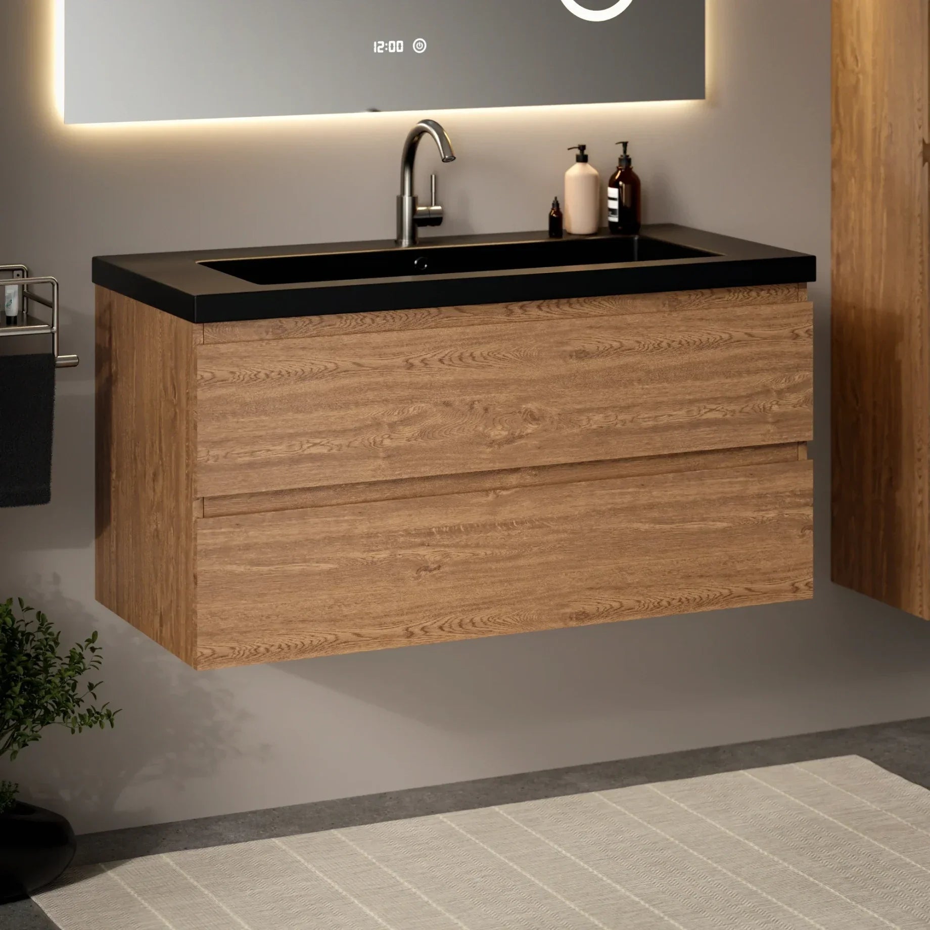 Meuble de salle de bain Sena - 100 cm - Chêne chaud - Vasque noire