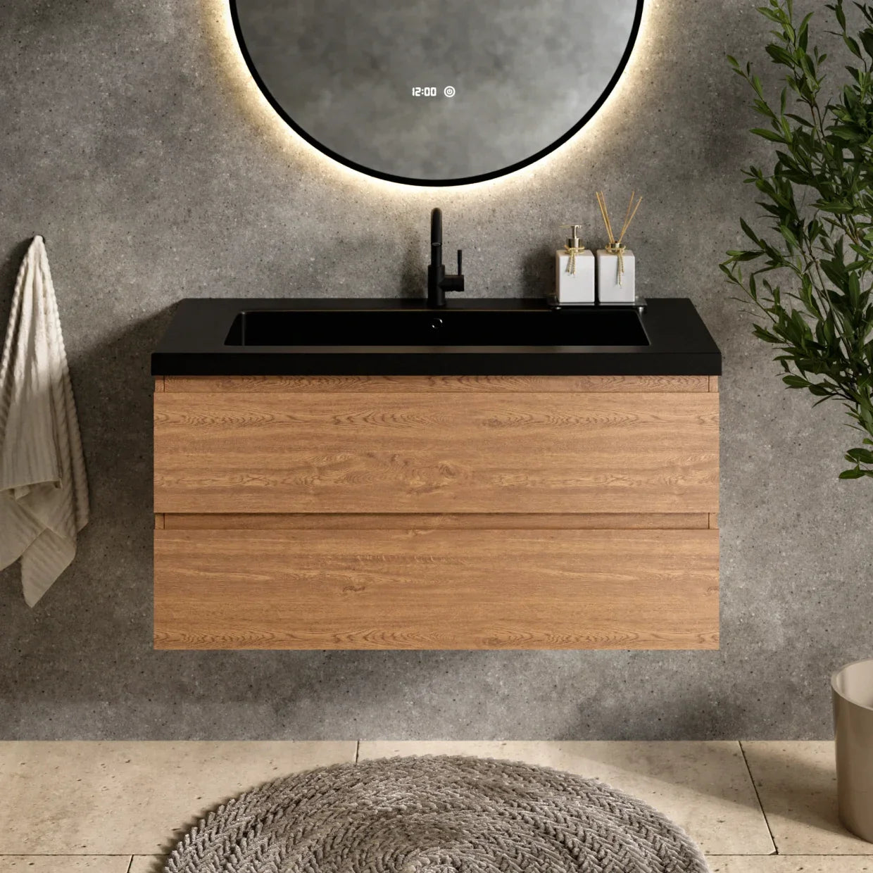 Meuble de salle de bain Sena - 100 cm - Chêne chaud - Vasque noire