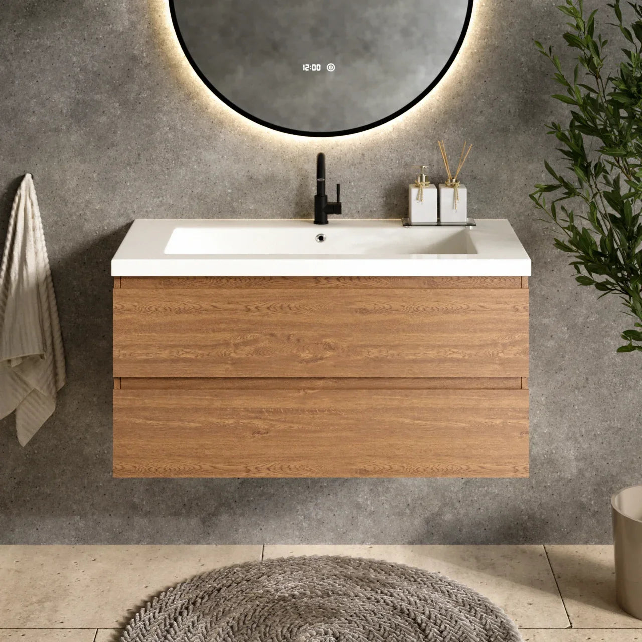 Meuble de salle de bain Sena - 100 cm - Chêne chaud - Vasque blanche - Précommander